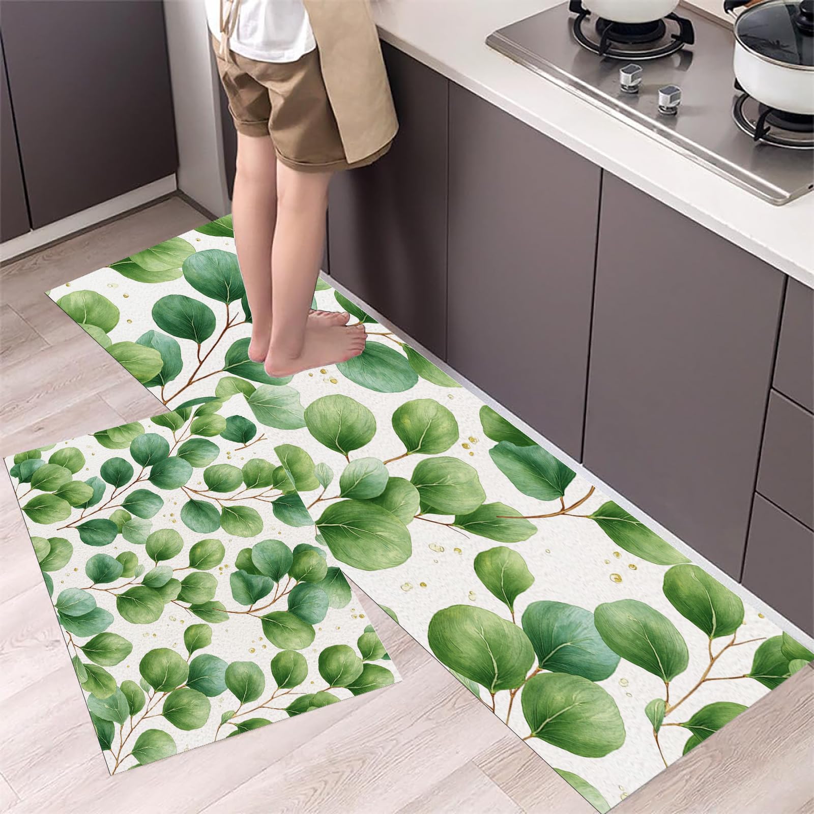 Alfombra de cocina de eucalipto, tapete antideslizante y pasillero lavable verde