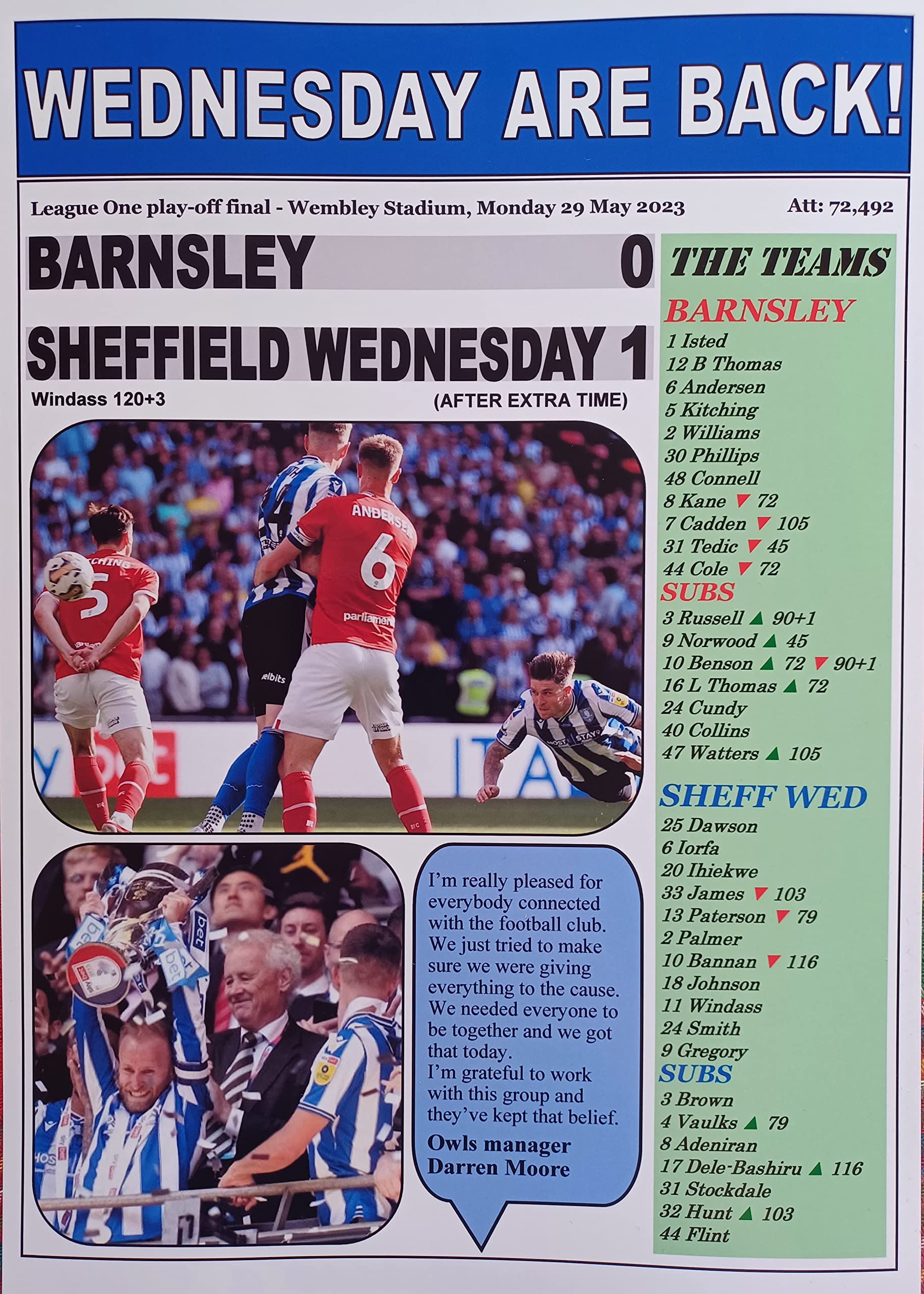 Multicoloured Barnsley 0 Sheffield Wednesday 1-2023 League One Play-Off Final - Souvenir Print