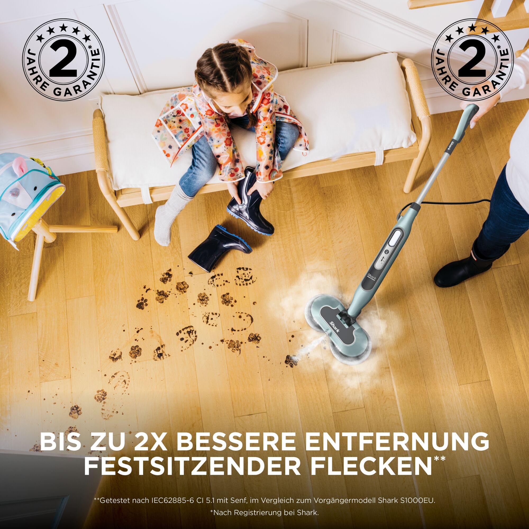 Shark Dampfreiniger Mop, automatisch, mit Steam Blaster, 6 Schmutzfänger-Pads, 3 Dampfstufen, bei Flecken und Schmutz, hygienische Reinigung für versiegelte Hartböden, 8m Kabel, Salbei-Grün, S8201EUCP