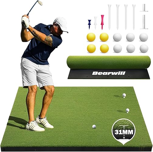 Bearwill Golf Mat 31mm, 5x4ft/5x5ft Golf Hitting Mats for Practice Outdoor Indoor, High-Elasticity Artificial Turf Mat for Garage Simulator Chipping Driving Training