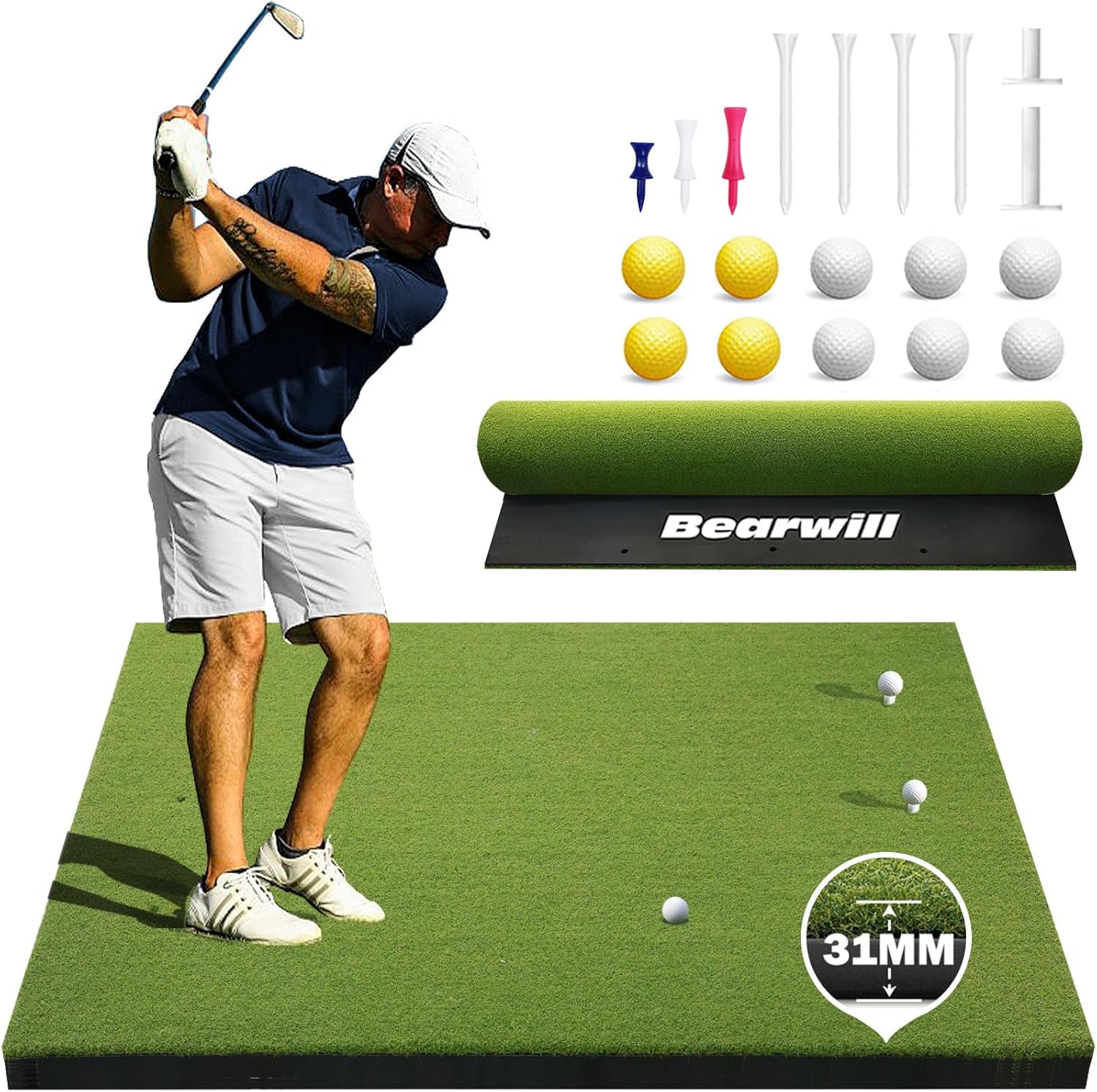 Golf Mat 31mm, 5x4ft/5x5ft Golf Hitting Mats for Practice Outdoor Indoor, High-Elasticity Artificial Turf Mat for Garage Simulator Chipping Driving Training