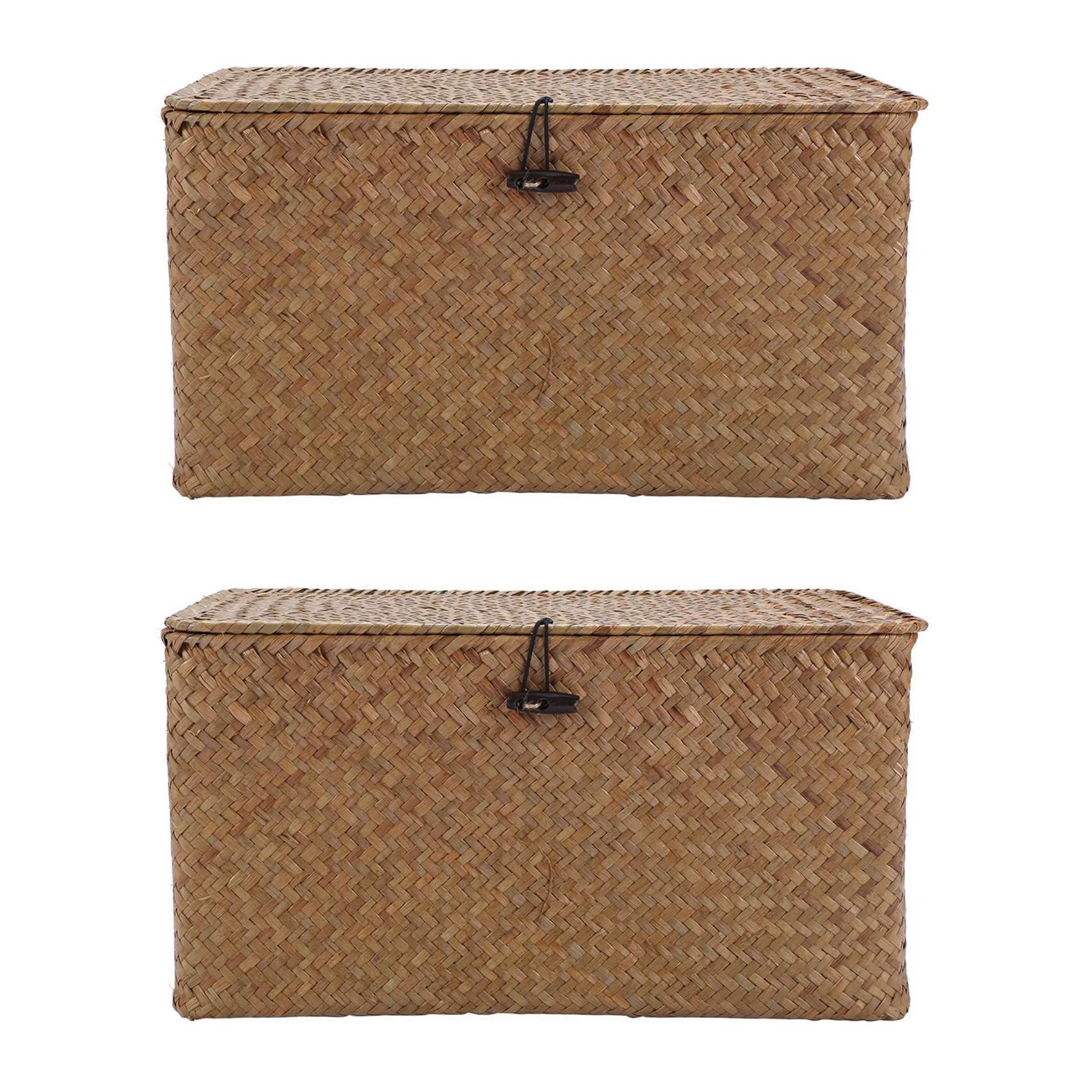 Hndhbfgrt 2X Handmade Straw Woven Storage Basket with Lid Makeup Organizer Storage Box Seagrass Laundry Baskets Jewelry Box(M)
