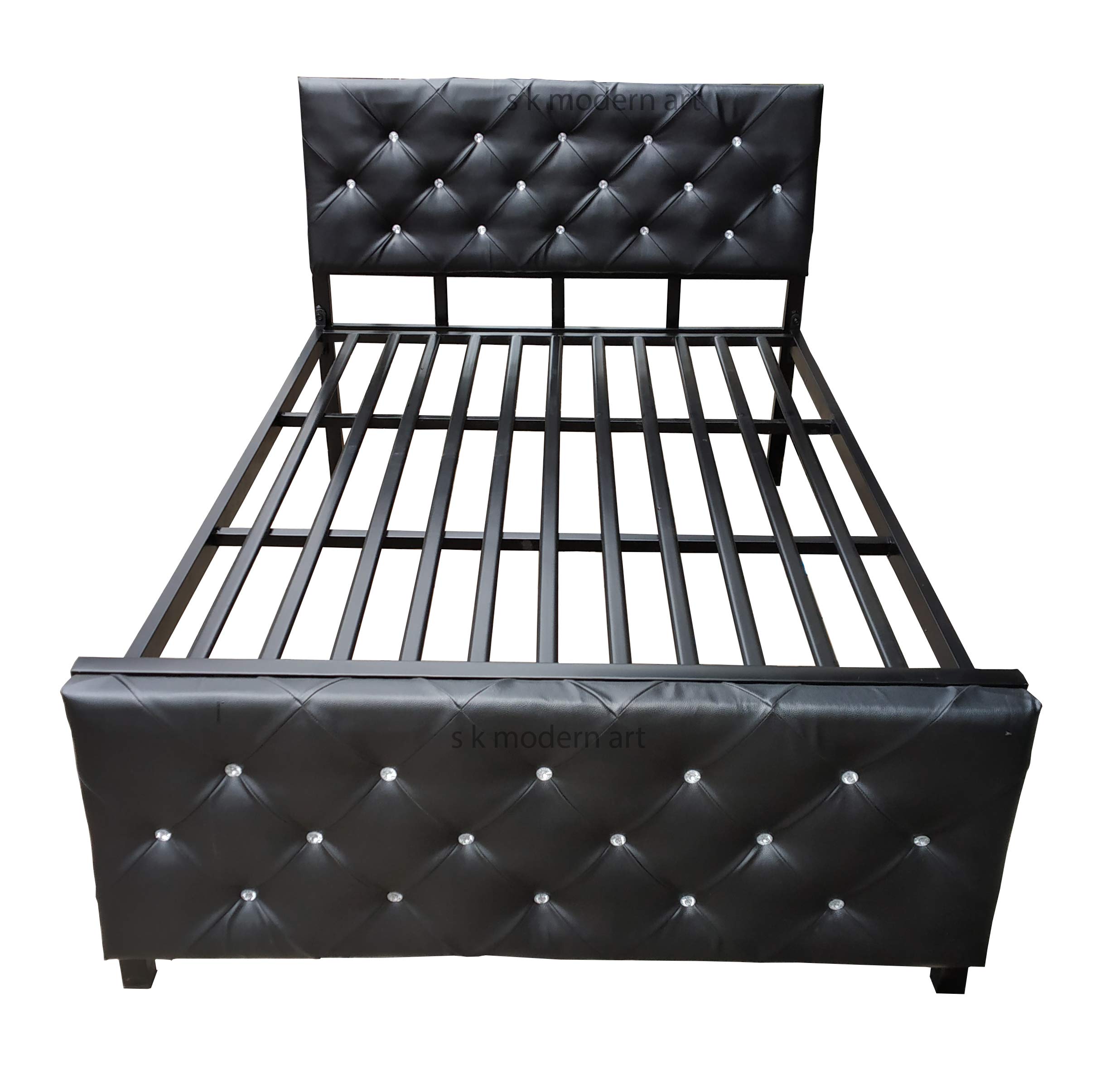 S. K. MODERN ART Wrought Iron Black Powder Coated Bed (3 X 6.25 Feet, Design 8 with Black Cushion in headboard and Leg Board) 1