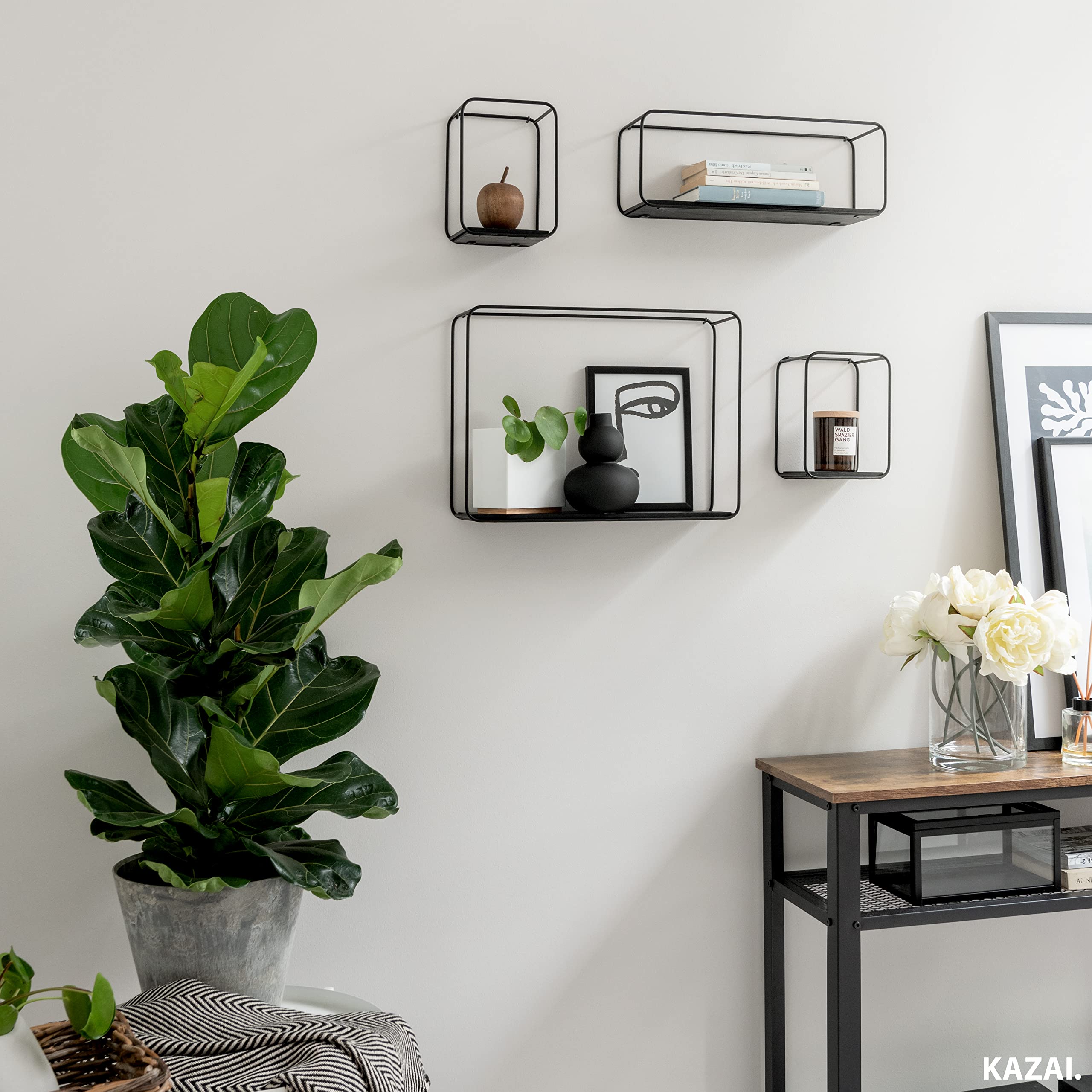 Kazai. Mensole da Muro Design -Jona- | Scaffale Metallo a 4 Parti con Impiallacciatura in Vero Legno | Decorazione della Parete, Libreria Scaffale, per Camera da Letto, Bagno, Cucina | Quercia, nero