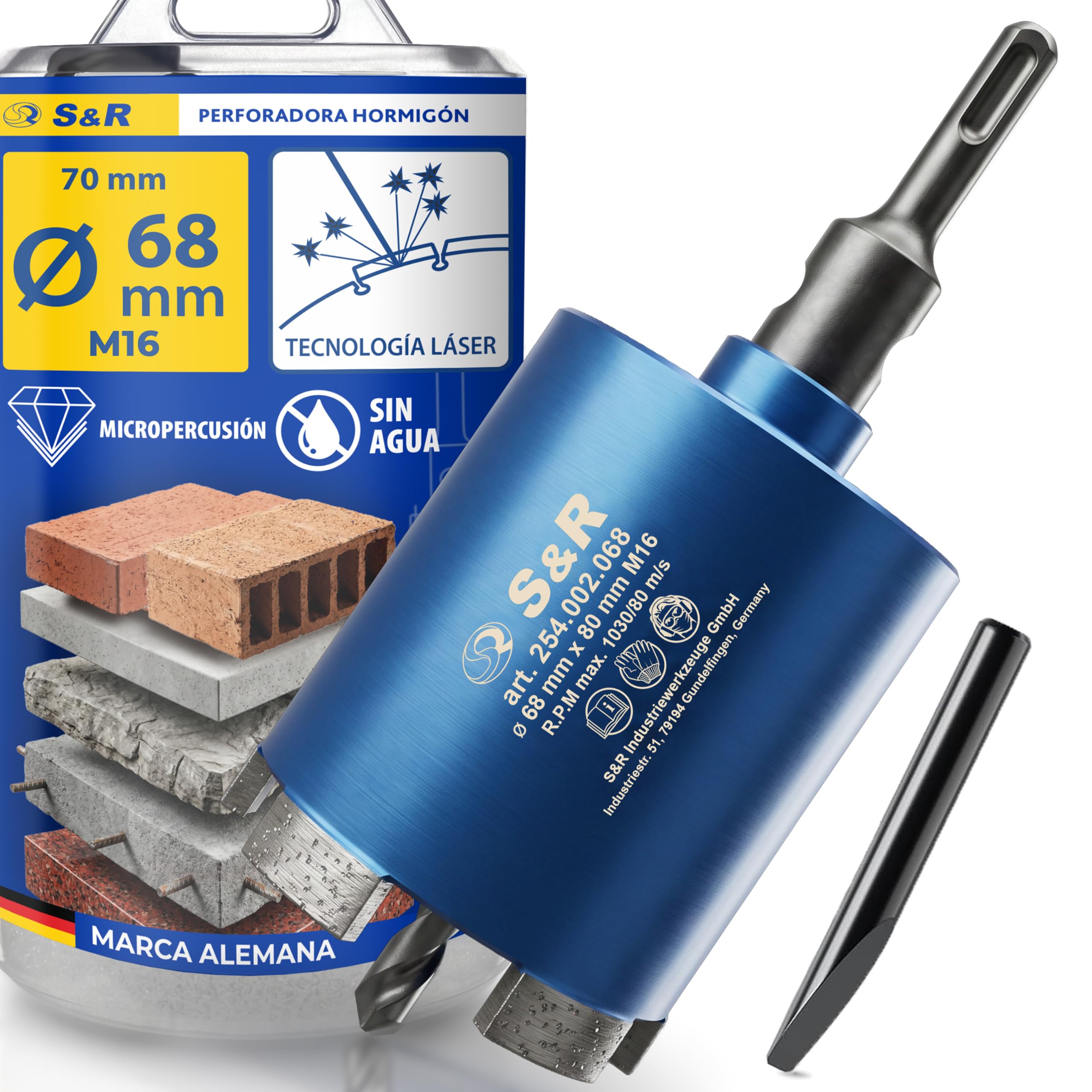 S&R Sierra Corona Perforadora para Hormigón 68 x 70mm | Broca Diamante 68mm Hormigón Armado SDS-Plus M16 - Corona Diamantada Profesional - Adaptador SDS-Plus