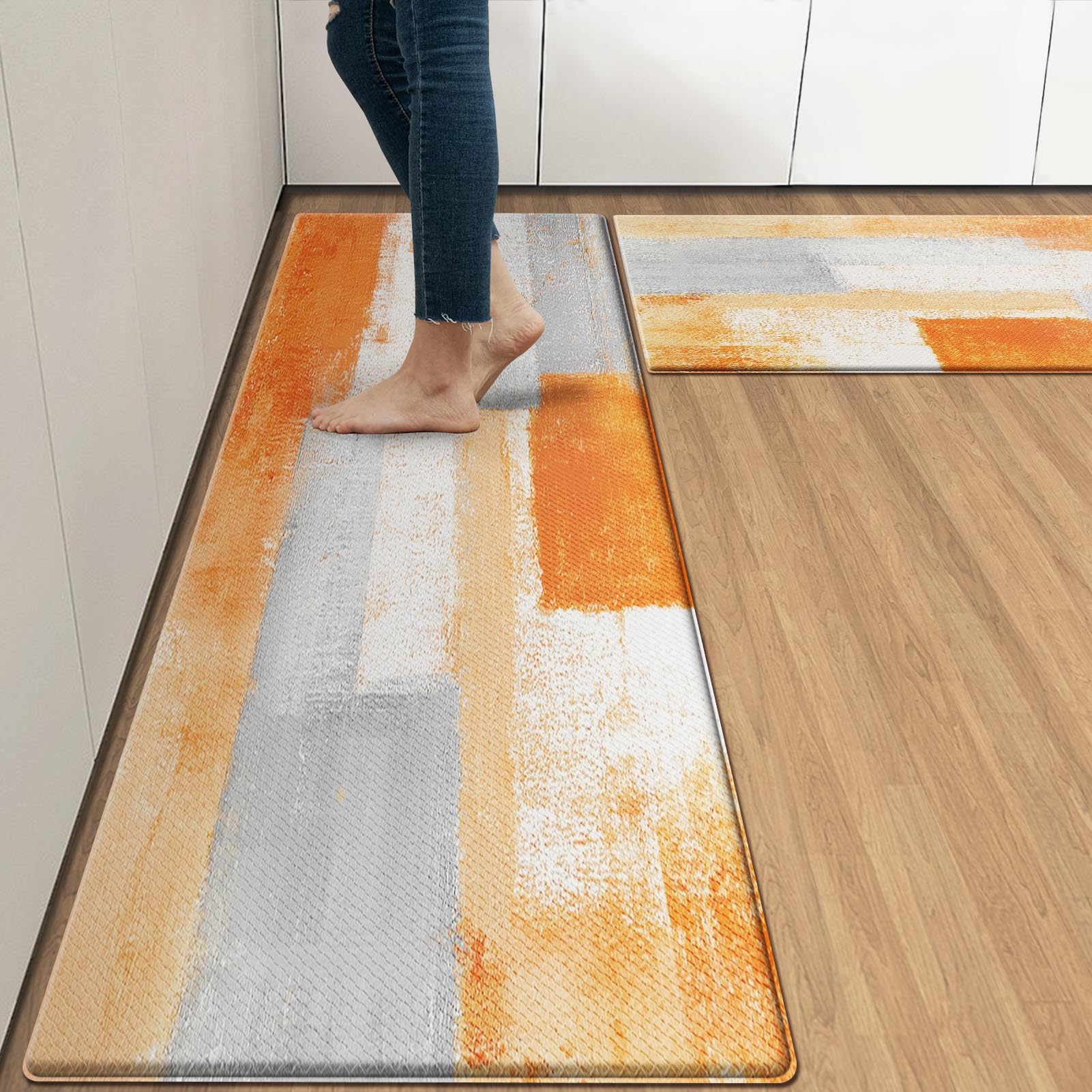 Arttown Orange Beige Vintage Anti-Fatigue Kitchen Rug Set of 2 Orange Grey Abstract Cushioned Kitchen Floor Mat,Standing Mat Waterproof Non-Slip Kitchen Mat PVC Ergonomic Comfort Foam Rug — image 1