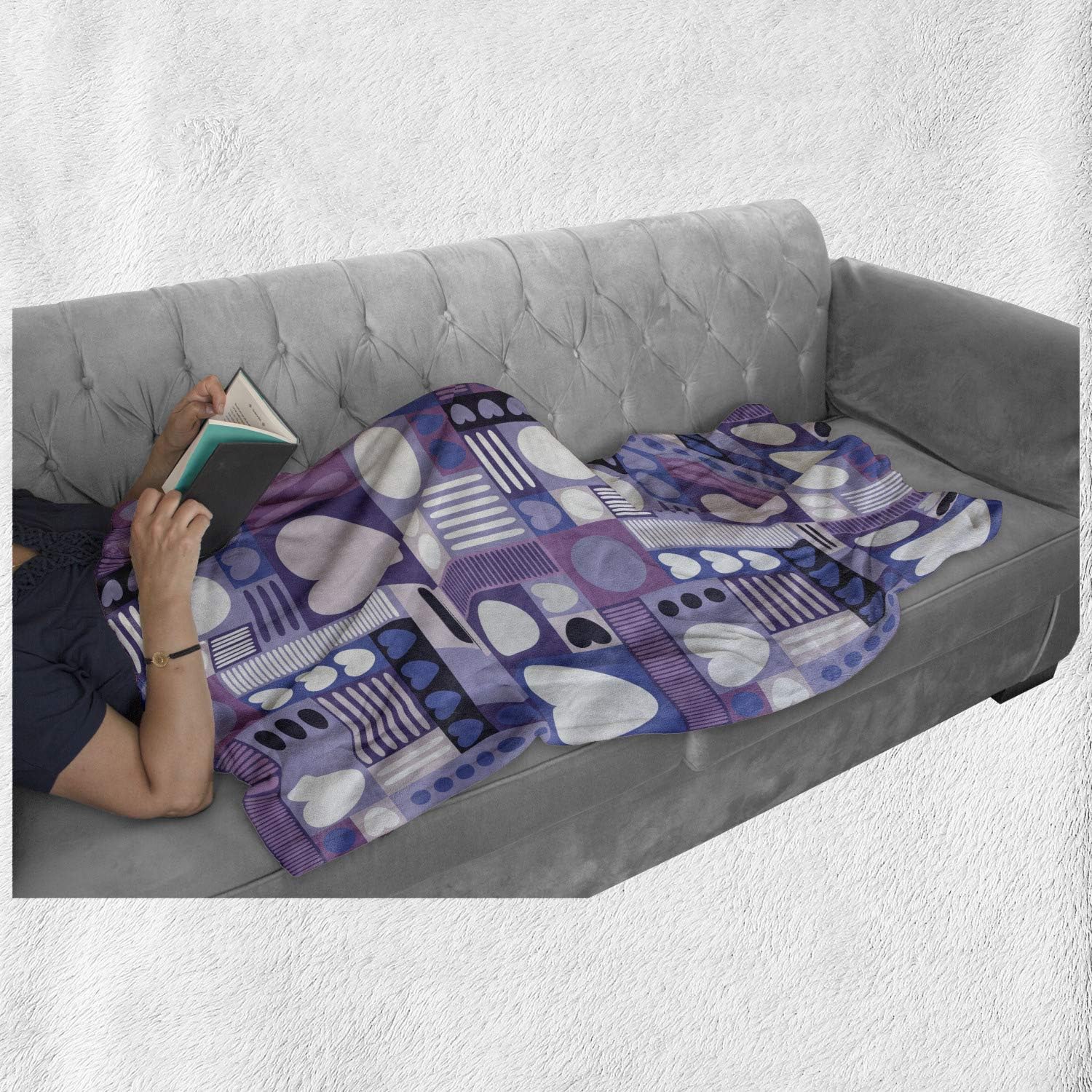 Lunarable Valentines Day Throw Blanket, Purple Tones Modernistic Illustration Hearts Lines Squares and Rounds, Flannel Fleece Accent Piece Soft Couch Cover for Adults, 50" x 60", Multicolor