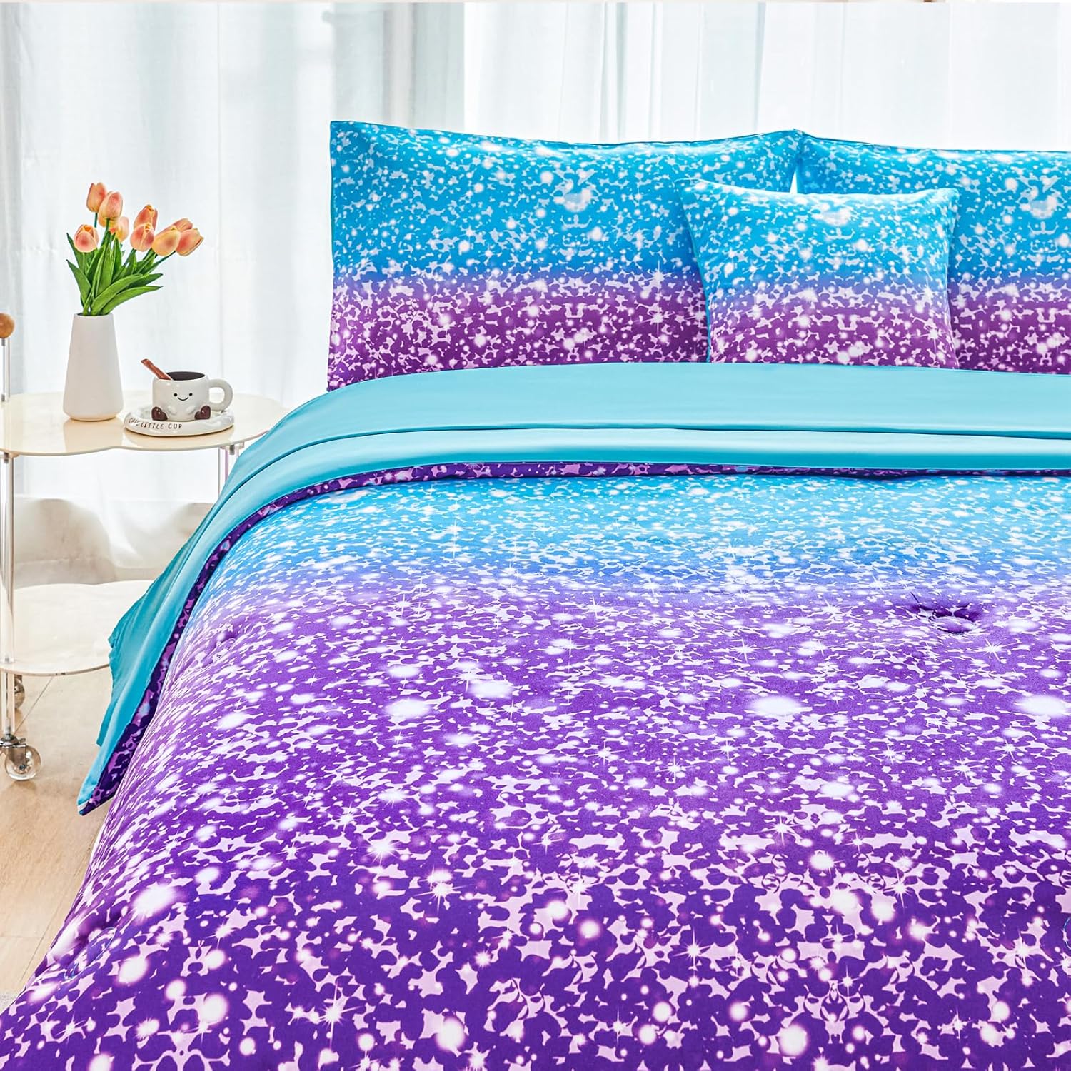 RYNGHIPY Blue Purple Girls Bedding Set 3D Colorful Galaxy Starry Comforter Sets for Girls Kids Twin Lightweight Soft Rainbow Bed in A Bag