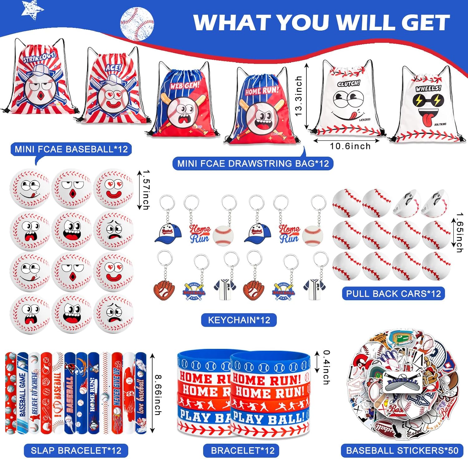 122 Pcs Baseball Party Favors for Kids - Themed Goodie Bag Set with 12 Funny Face Drawstring Bags & Stress Balls, Pull Back Cars, Wristbands, Slap Bracelets, Keychains, Stickers for Party Supplies - Image 3