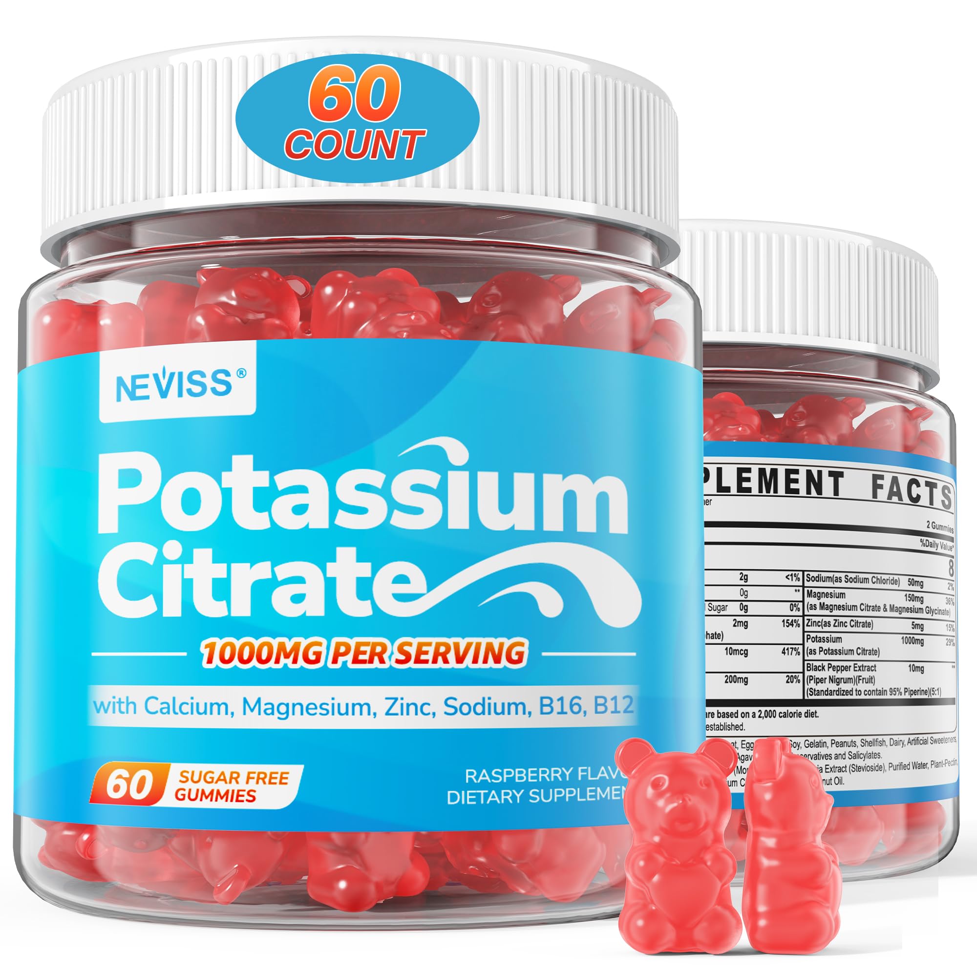 Potassium Citrate 1000mg Supplement Gummies, Support Electrolyte, 60 Count 60 Count (Pack of 1)