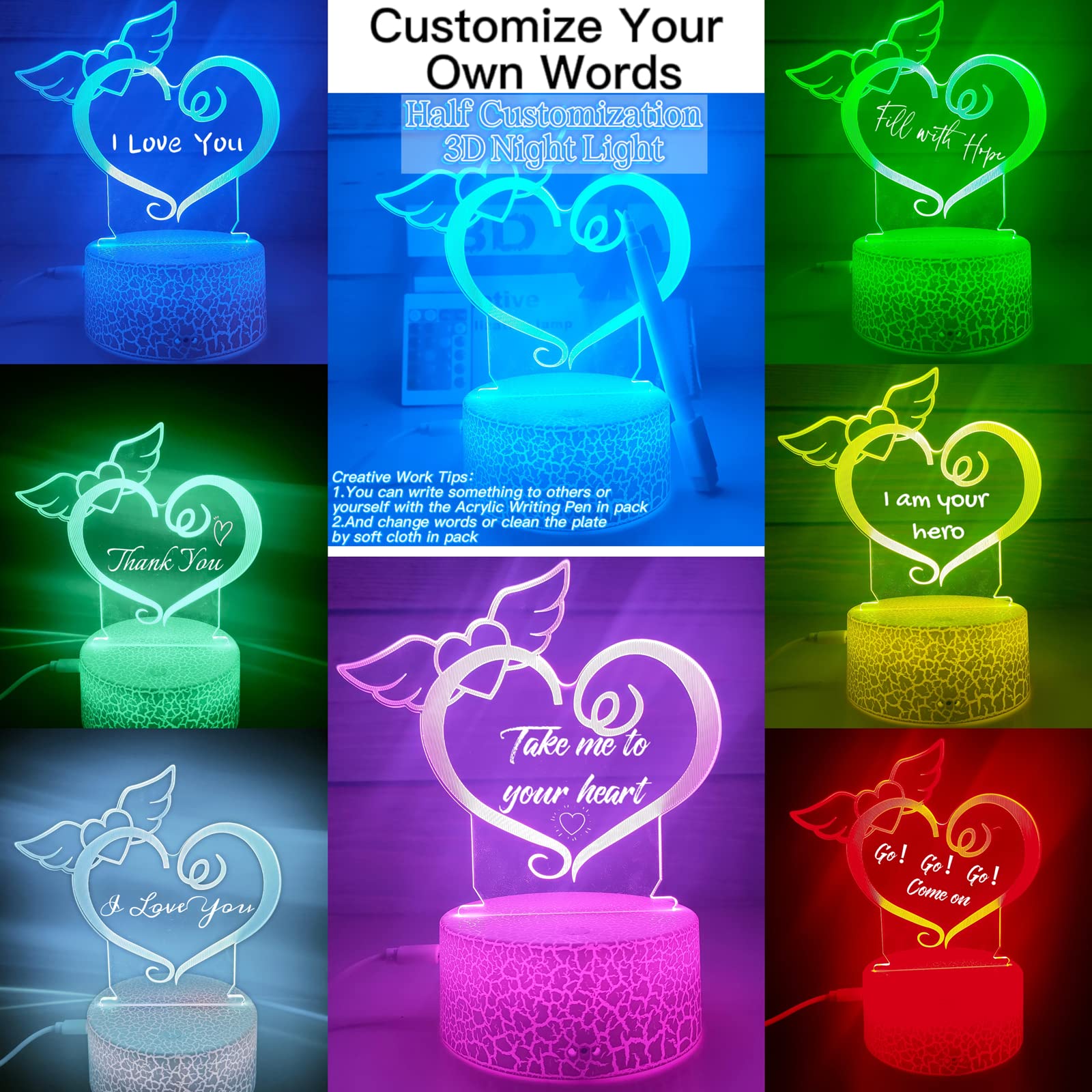 3D Illusion Lamp DIY Angel Heart Night Light with Remote 3D Illusion Lamp DIY Angel Heart Night Light with Remote
