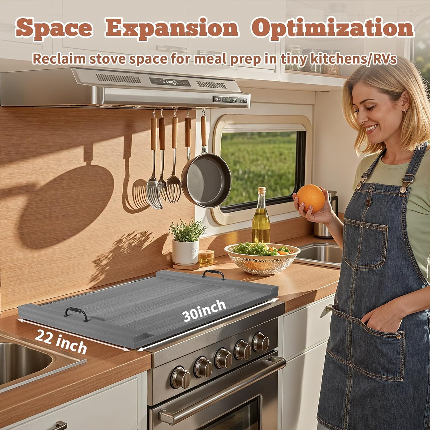 gas stove top cover: wooden 30 * 22 inches electric stovetop covers, noodle board with handles, wood rv cutting board for kitchen counter (grey) gray