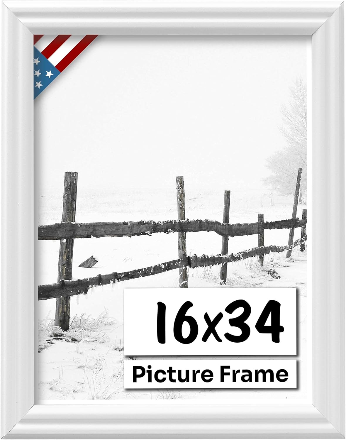 White 16x34 Picture Frame .75" Inch Wide - White Wall Decor Handmade Solid Wood Frames with Preinstalled Hangers and UV Blocking Plexiglass 34x16 Frame