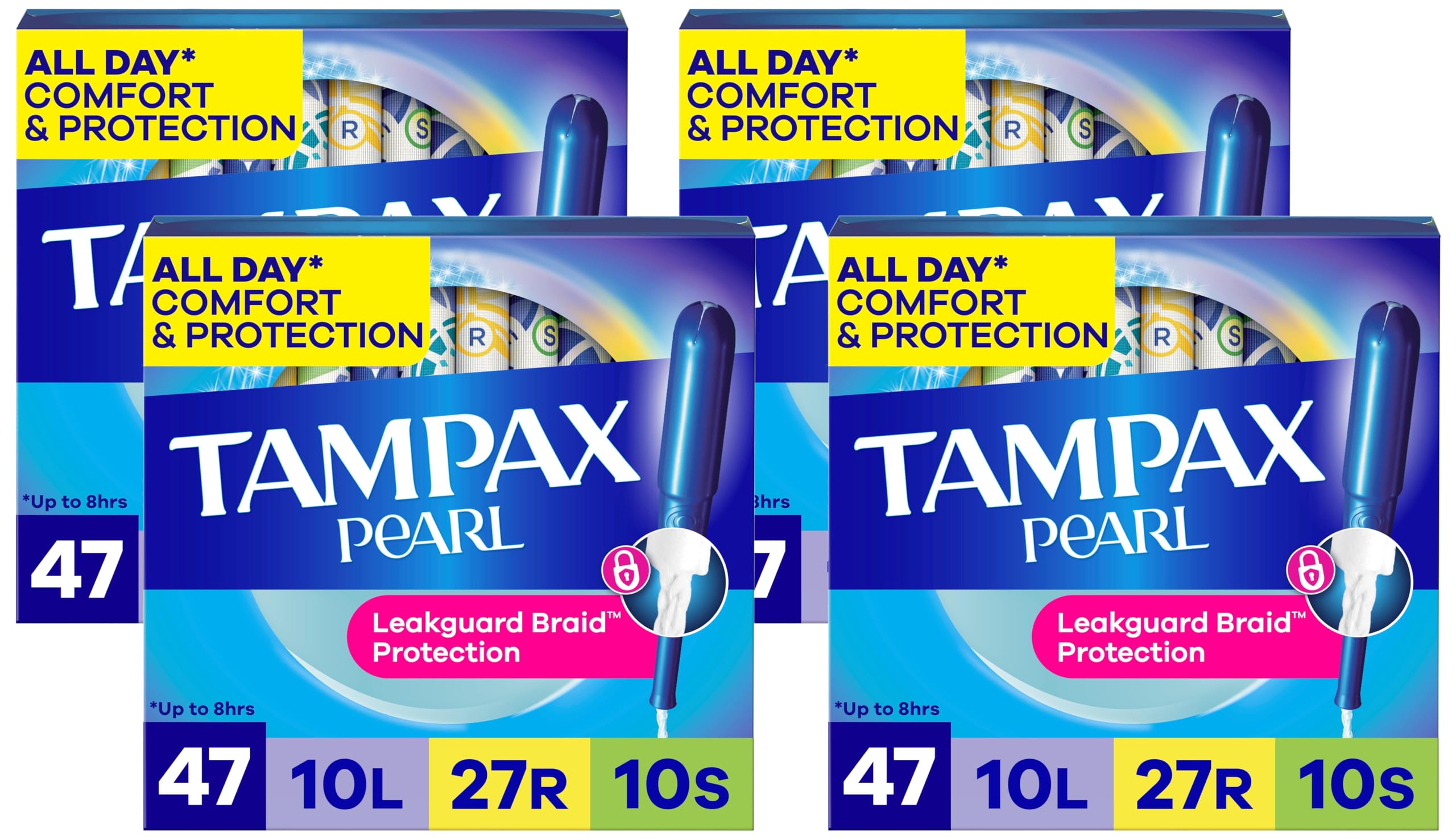 Tampax Pearl Tampons for Women Multipack, with LeakGuard Braid, Light/Regular/Super Absorbency, Unscented, 47 Count (Pack of 4)