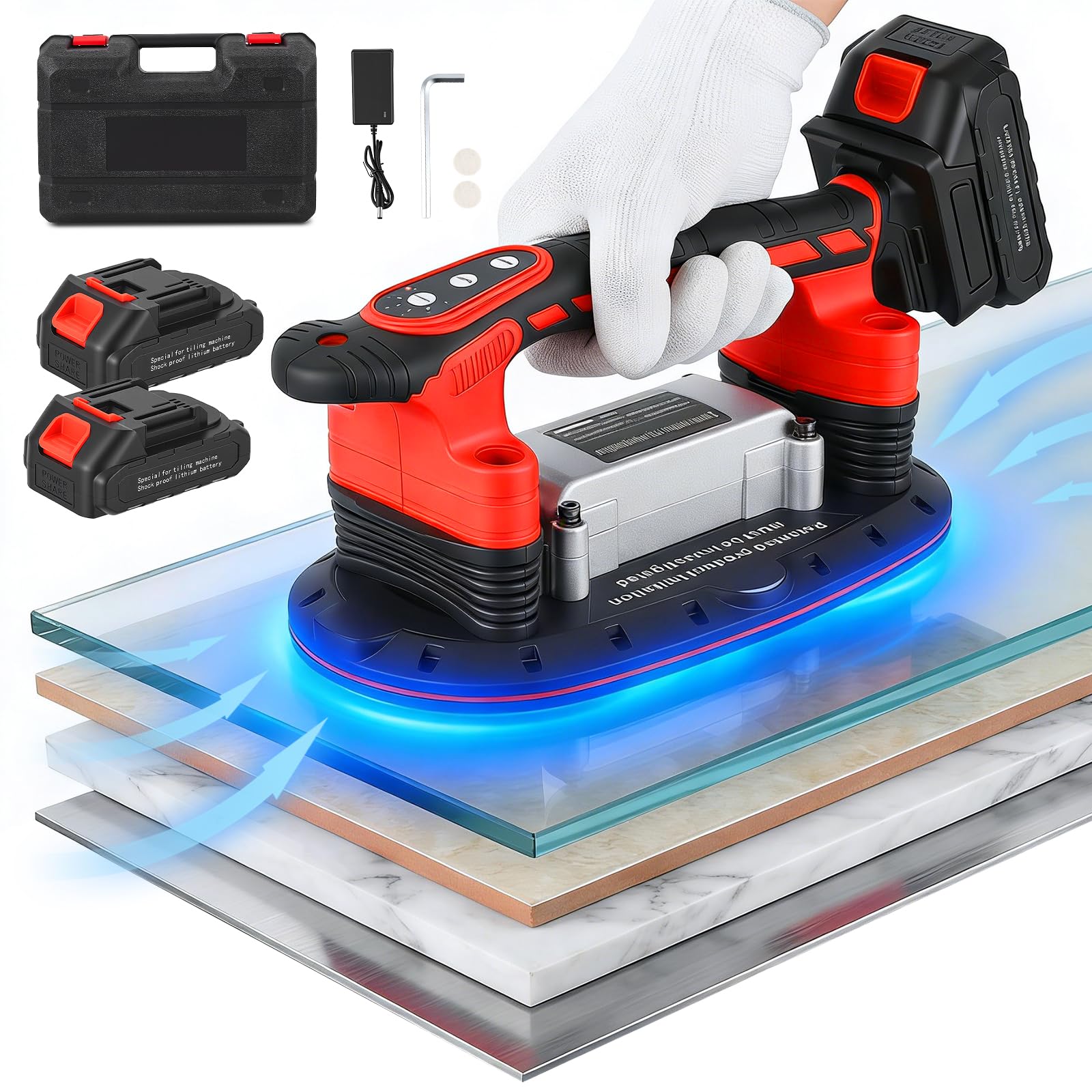 2 en 1 Herramienta de vibración para azulejos sin cables, ventosa potente y 6 velocidades ajustables, 2 baterías de 2500 mAh, 24000 RPM, para instalar azulejos, mármol, vidrio y madera