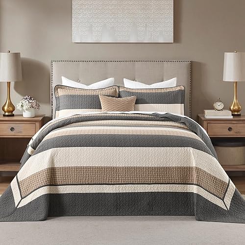 Miniatura 10 de Finlonte Colcha tamaño King, 100% algodón, colcha de gran tamaño King de tamaño King, color marrón carbón, beige, California King, acolchada, a