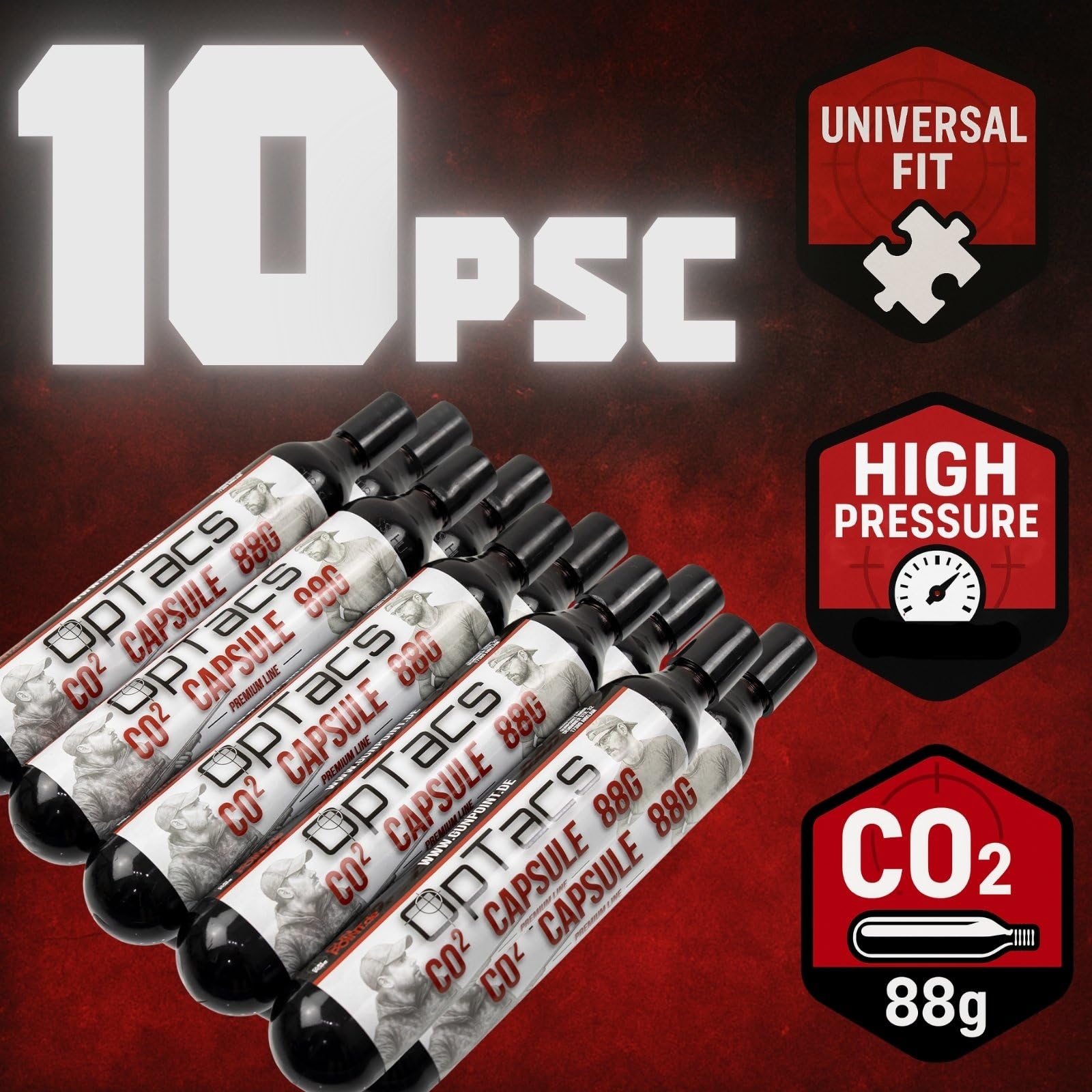 OpTacs 88g CO2 Kapsel 10er Set – CO₂-Kartusche für Luftdruckwaffen, Airsoft, Paintball – Gewinde M16x1,5 – langanhaltend & präzise