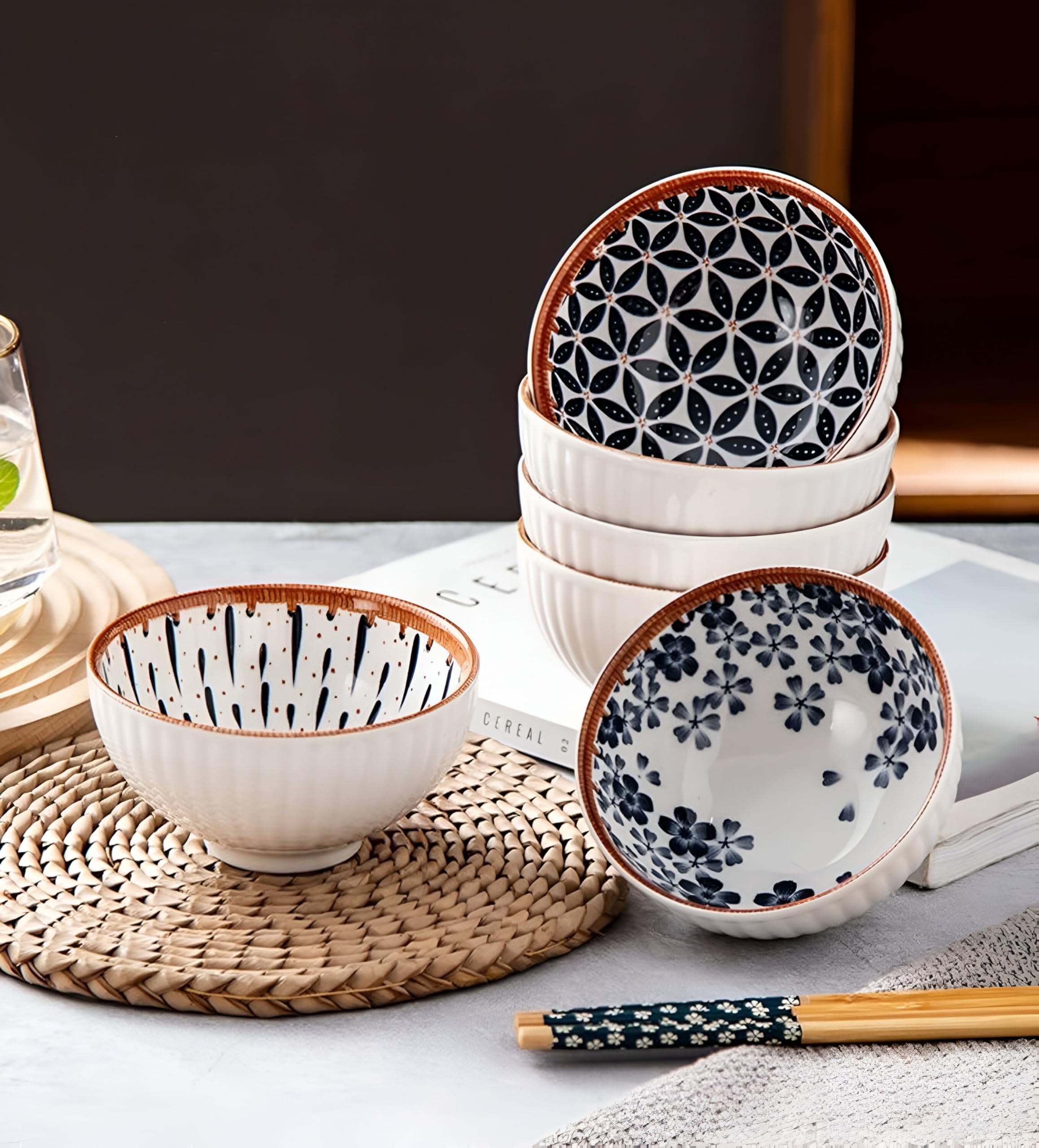 Amillee Ceramic Rice Bowls 10oz - Japanese Style Bowl Gift Set with Assorted Flower Patterns, for Cereal, Soup, Dessert, Snack, Noodles - Ice Cream Bowls with Gift Box (Bowl_I_4B+2P) 3