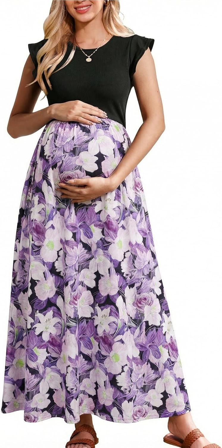 OUGES Women's Maternity Dress Summer Ruffle Sleeve Patchwork Casual Flowy Maxi Dresses with Pockets
