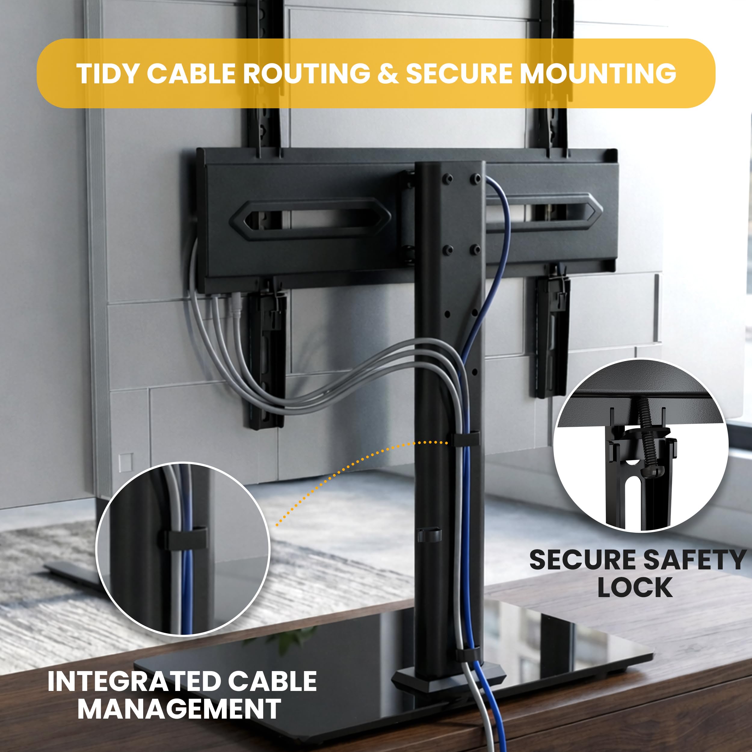 Utopia Home Universal TV Stand for 24-60 Inch TVs, Height Adjustable Tv Table Top Stand with 50 Degree Swivel, Max VESA 400x400mm, Up to 45 KG (99 lbs), Tempered Glass Base & Cable Management (Black) - 4