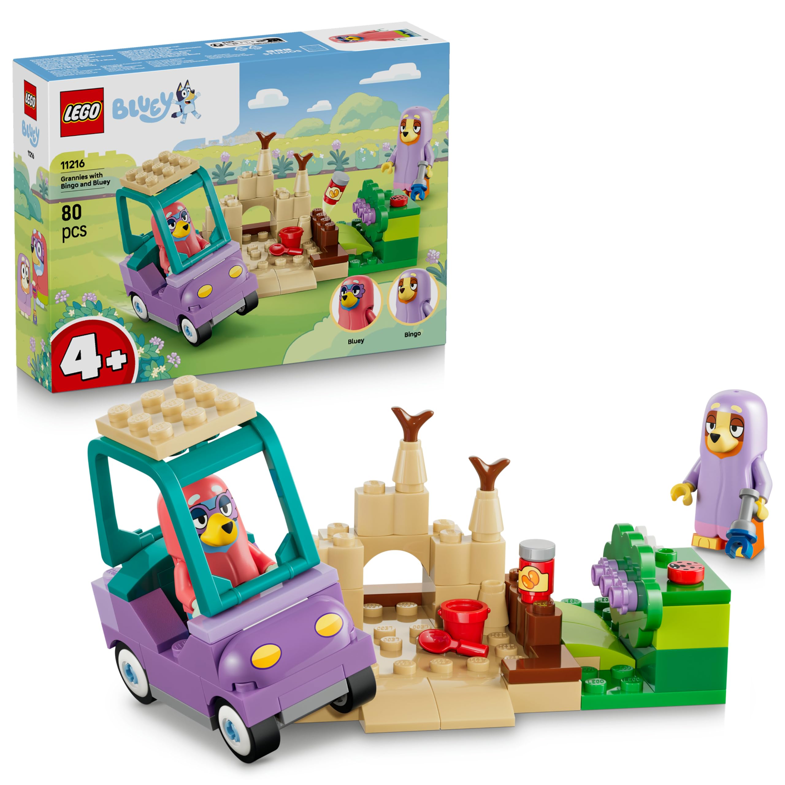 LEGO Bluey Grannies with Bingo and Bluey - Educational Toy w/Car, 2 Minifigures & a Garden - Montessori Set - Birthday Gift for 4+ Year Old Girls & Boys - 11216