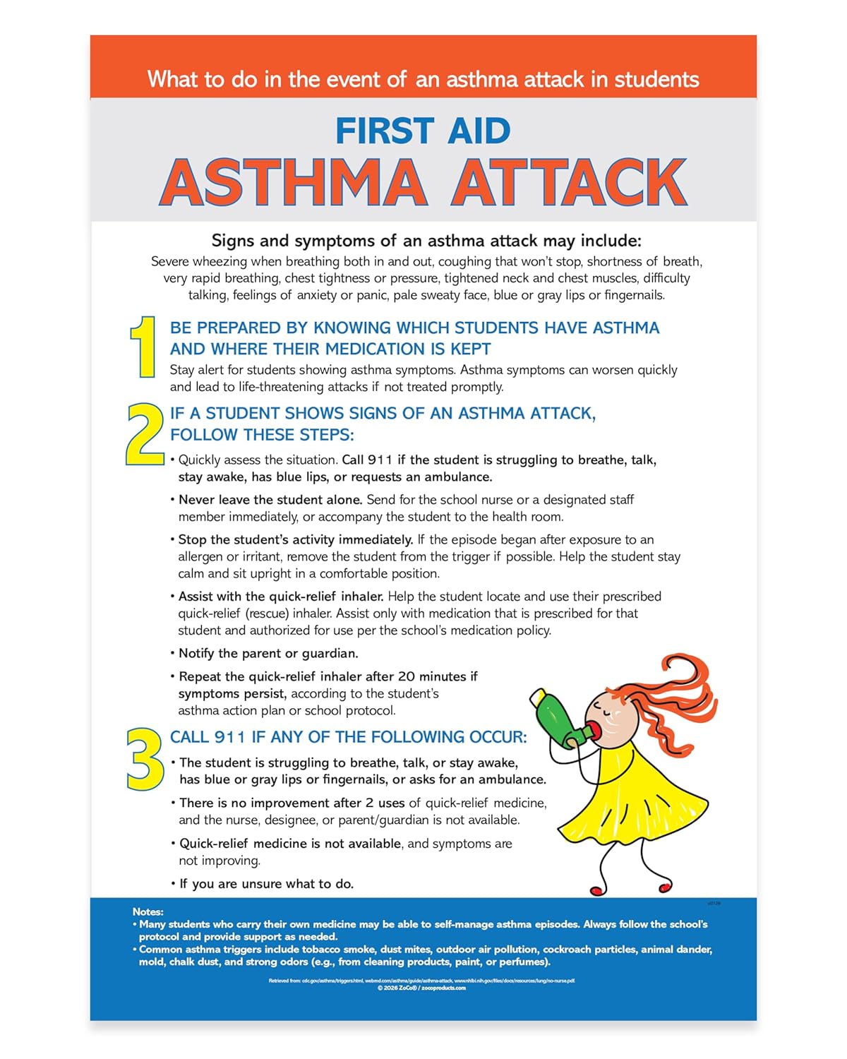 ZOCO – Asthma Attack Action Plan Posters (10-Pack) – Quick Reference for Teachers & School Nurses – Laminated 12x18 – School Health & Safety Supplies