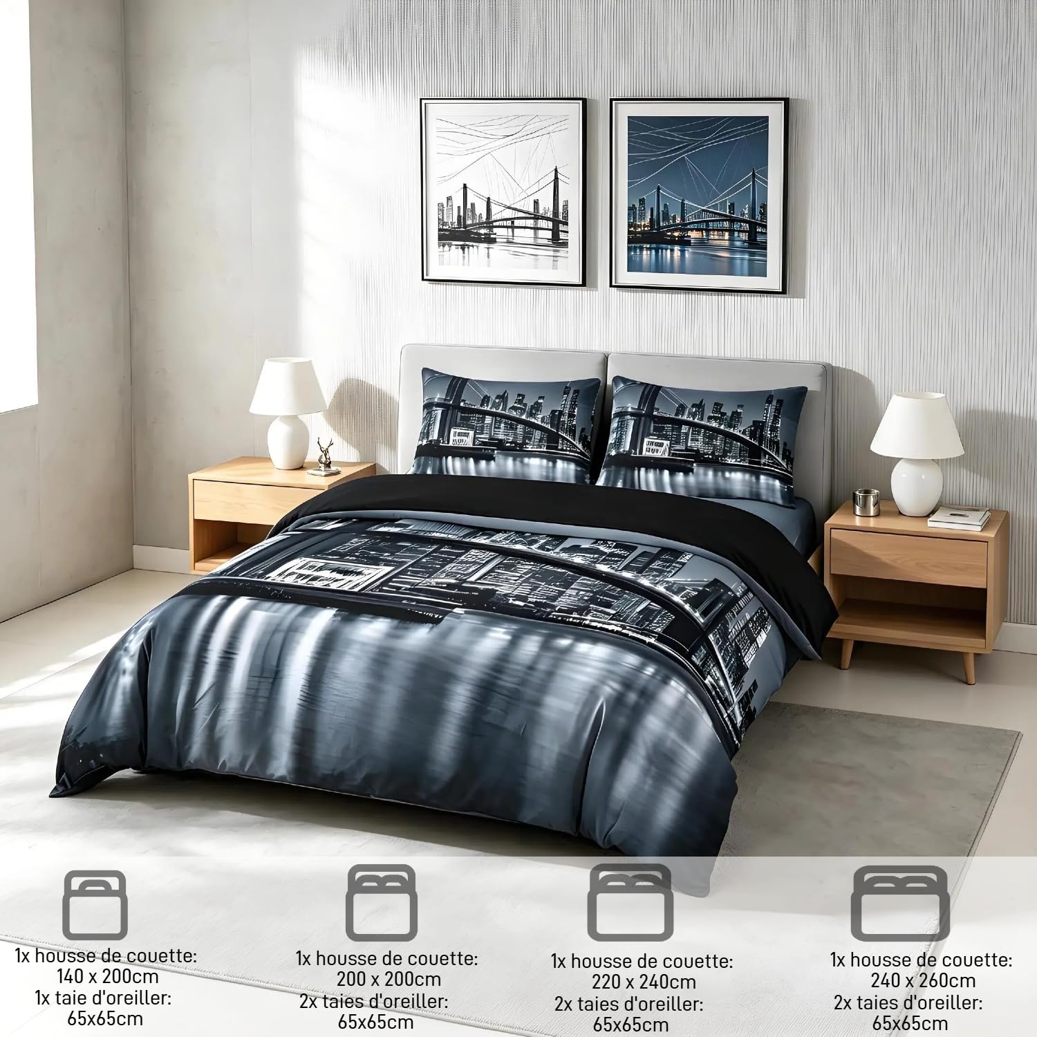 Brooklyn Bridge Parure de Lit Enfants New York City Noir et Blanc Housse de Couette 220x240cm célèbre Ville Image Ensemble de literie