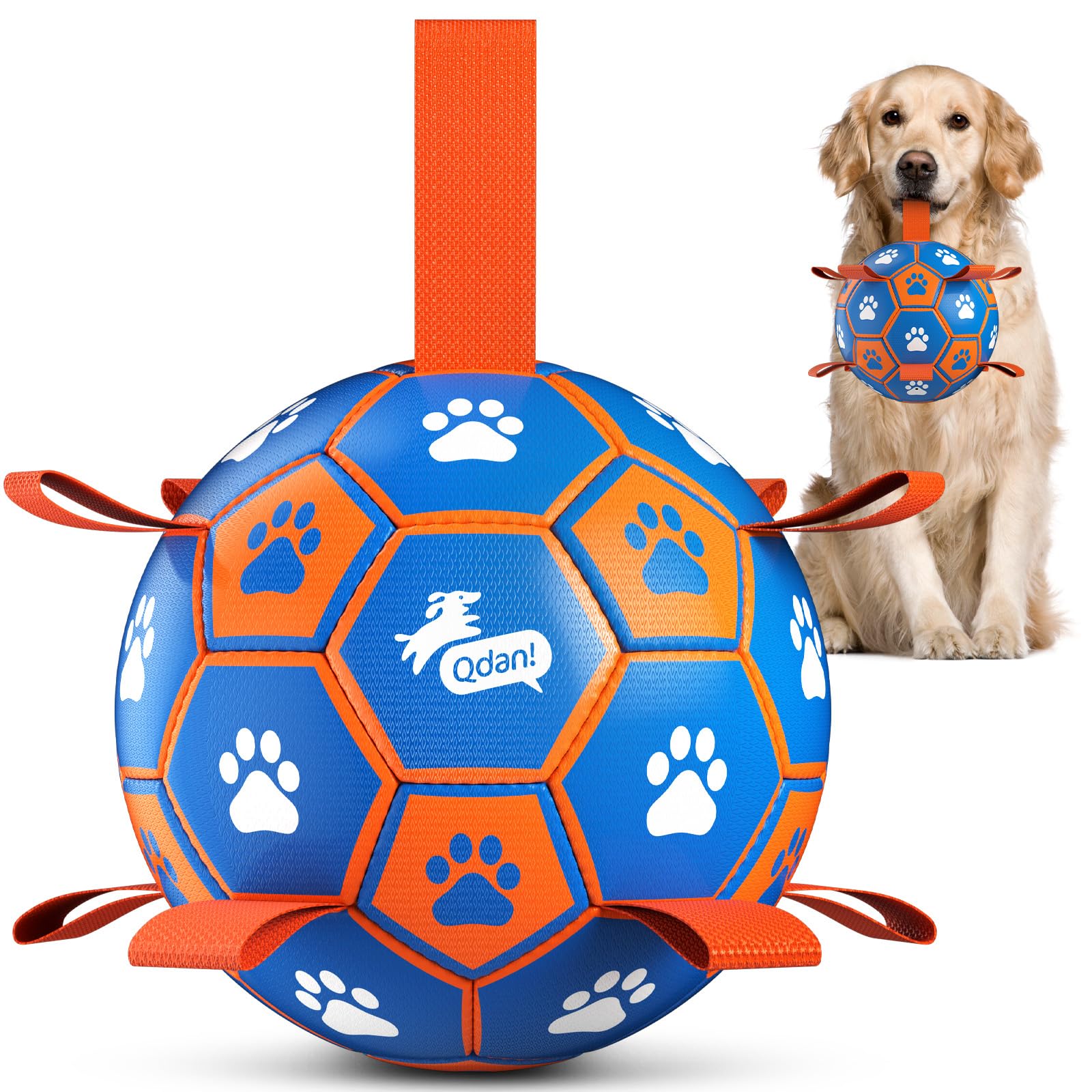 QDAN Dog Ropes Toys Soccer Ball with Straps, Interactive Dog Toys for Tug of War, Puppy Birthday Gifts, Dog Tug Toy, Dog Water Toy, Durable Dog Balls for Medium & Large Dogs- Blue&Orange(8 Inch) — image 1