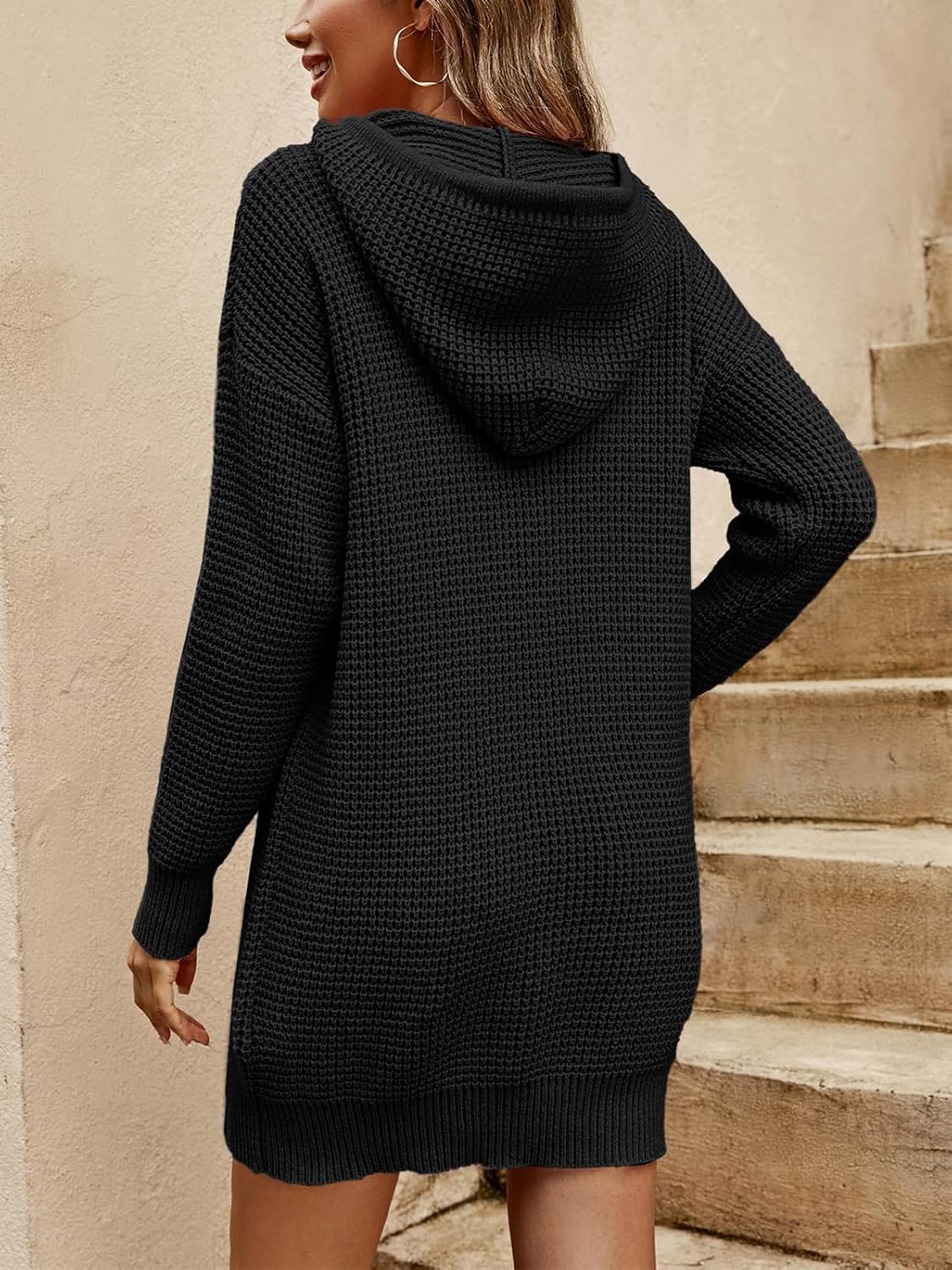 PerZeal Women's Hooded Knit Sweater Dress, Solid Long Sleeve Drawstring Casual Short Daliy Party Dress - Image 2