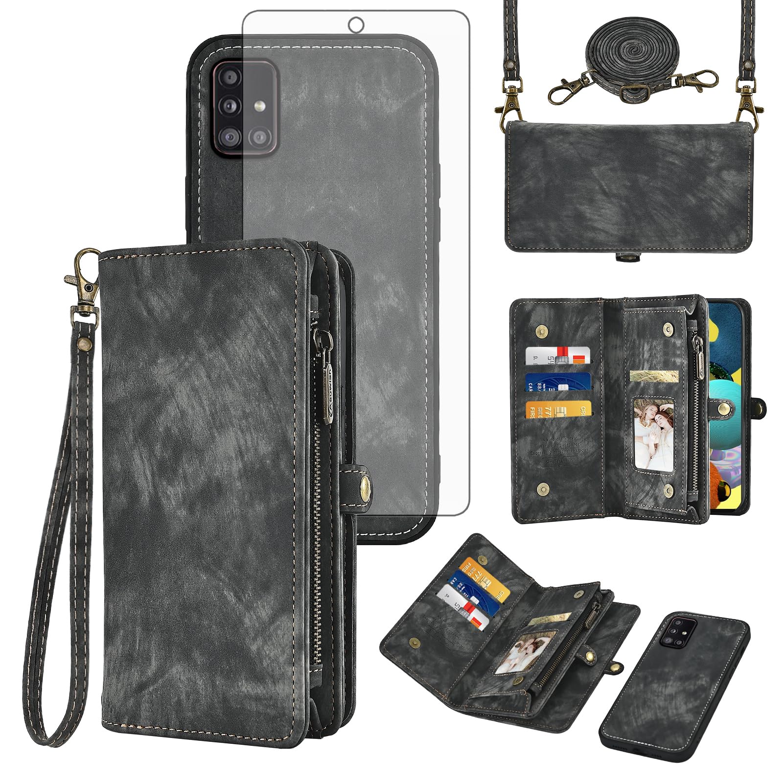 Asuwish Verizon Étui de téléphone pour Samsung Galaxy A51 5G/A 51 5G UW Verizon - Étui portefeuille amovible avec protecteur d'écran en verre trempé - Lanière à rabat et porte-cartes 51A G5 S51 - Noir