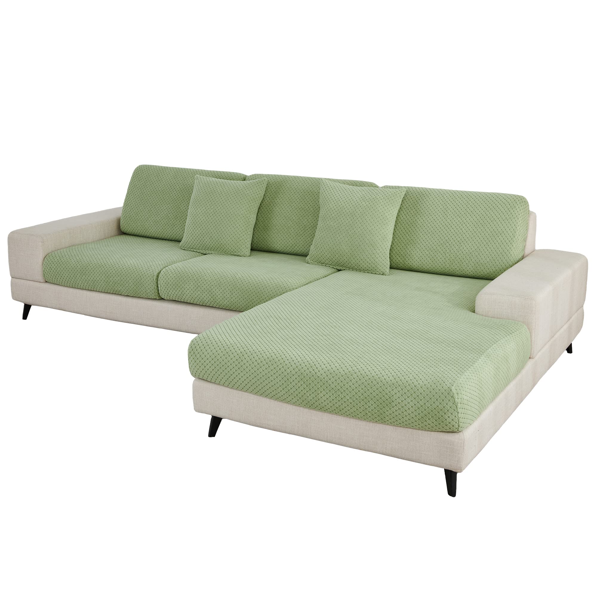 Couch Cushion Covers, Warm Plush Seat Covers Stretch Cushion Slipcovers Furniture Protector with Elastic Bottom (Light Green, Medium)