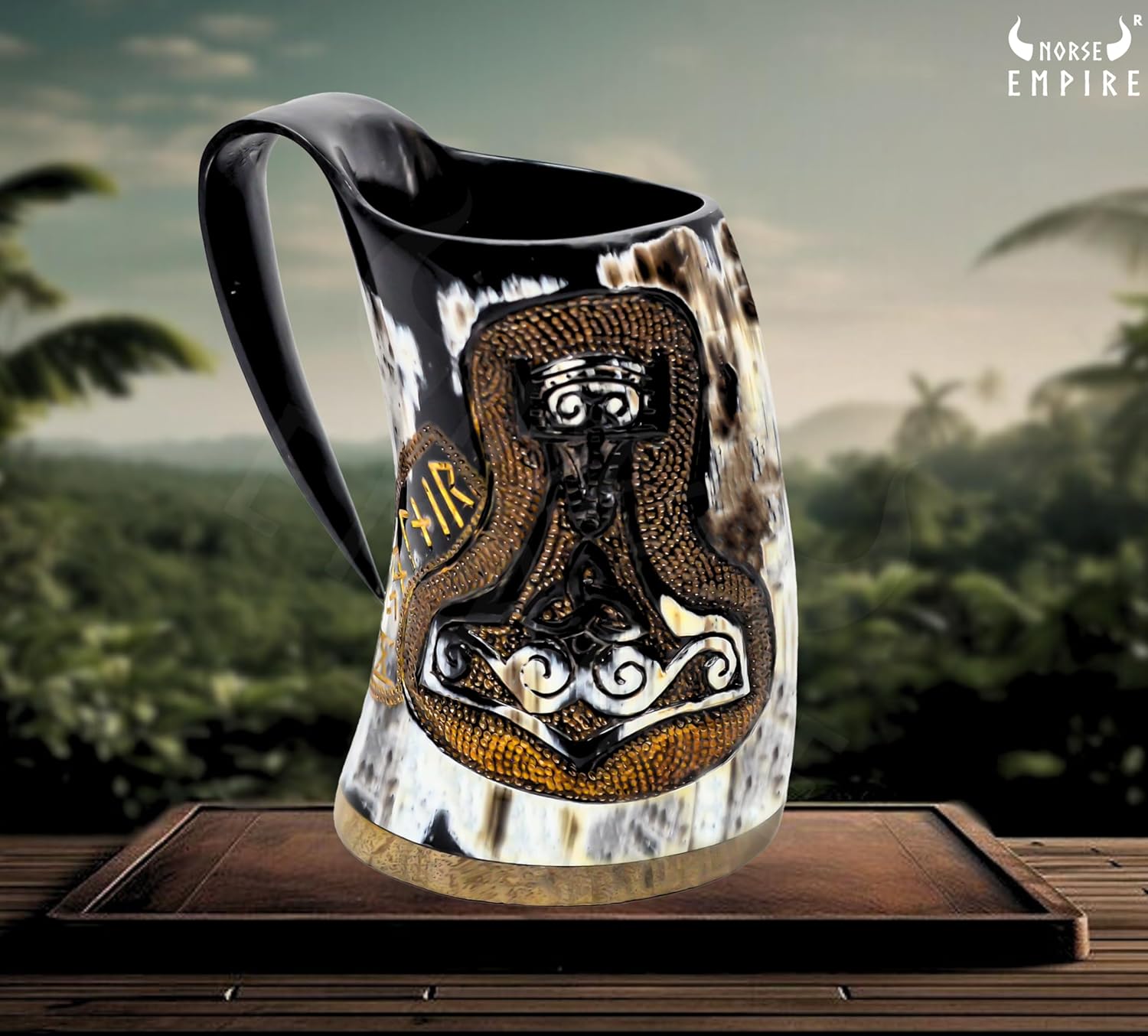 Premium Viking OX Horn Mug 18oz Engraved 3D MJOLNIR Hand PYROGRAPHY, Tankard & Coffee Stein Authentic Medieval Presents for Men and Women, Home Accessories, Glasses for Mead, Whisky and Beer Cup…