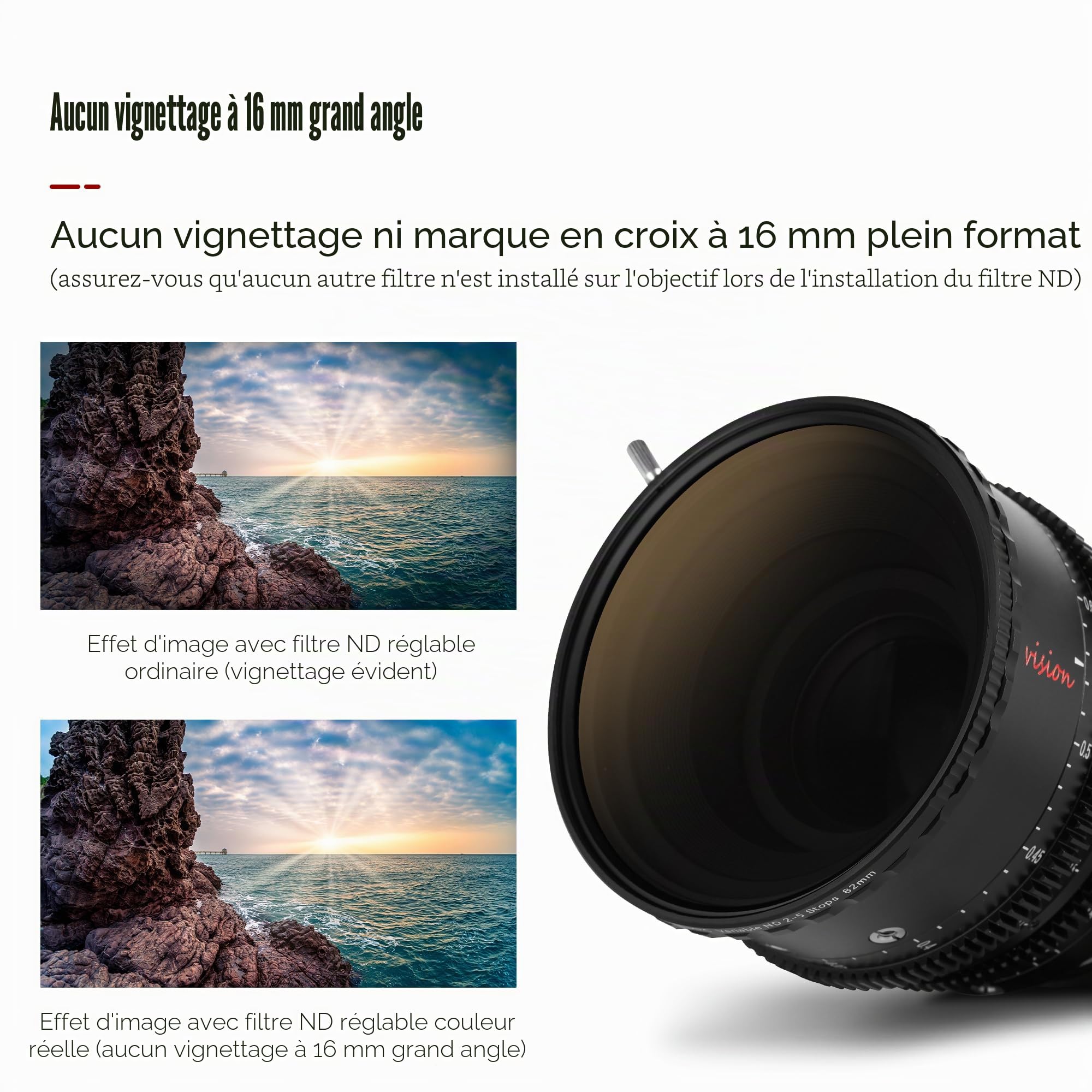 7artisans True Color VND Filtre à densité Neutre réglable 2-5 niveaux/6-9 Niveaux VND réglable 67 mm/72 mm/77 mm/82 mm Filtre à densité Neutre polarisé pour Objectif d'appareil Photo Film vidéo