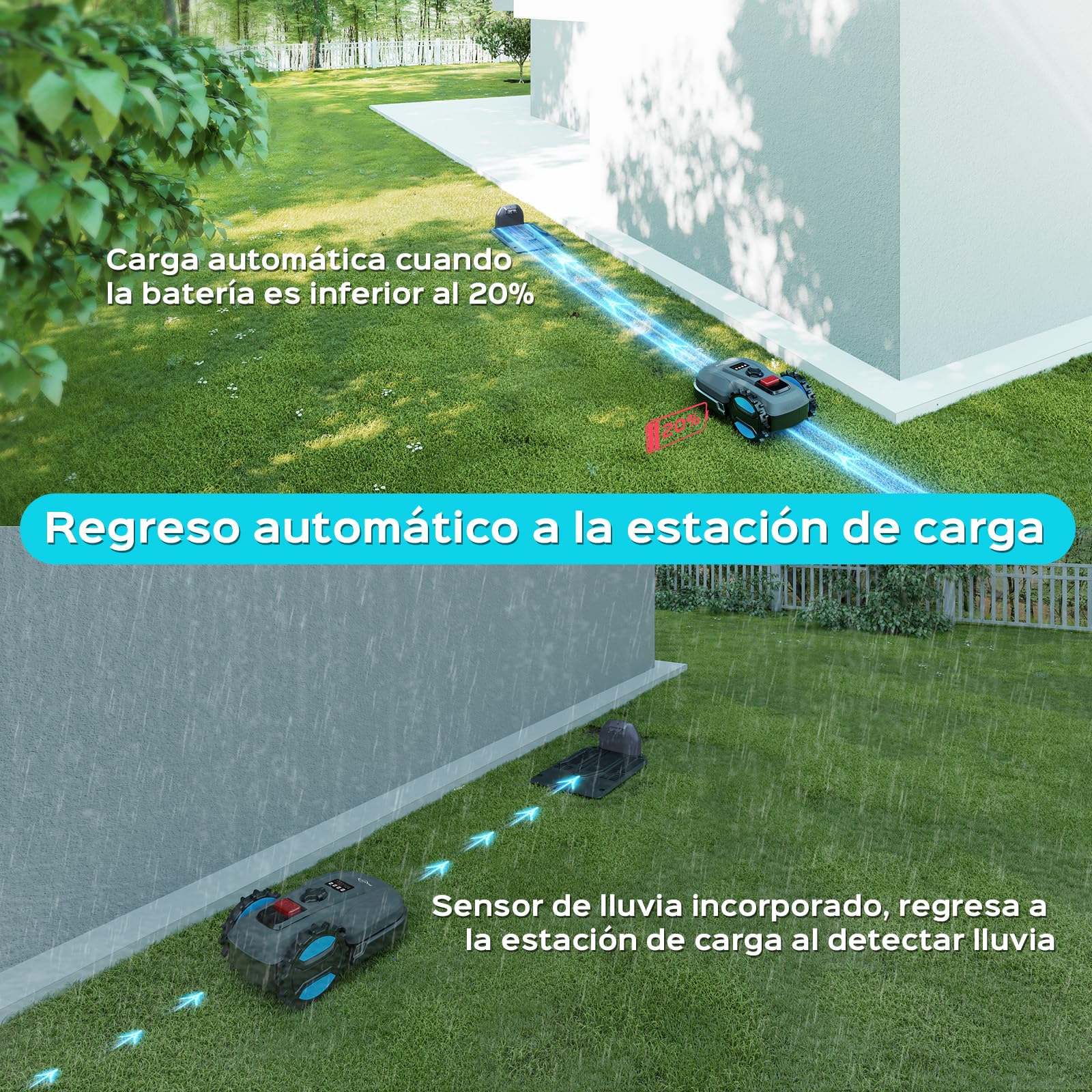 YARDCARE E400 Robot Cortacesped con Control App,hasta 400m²，Altura de Corte de 20 a 60 mm, Sensor de Lluvia, Robot Cortacésped 18 cm de Ancho de Corte,Menos de 60 dB