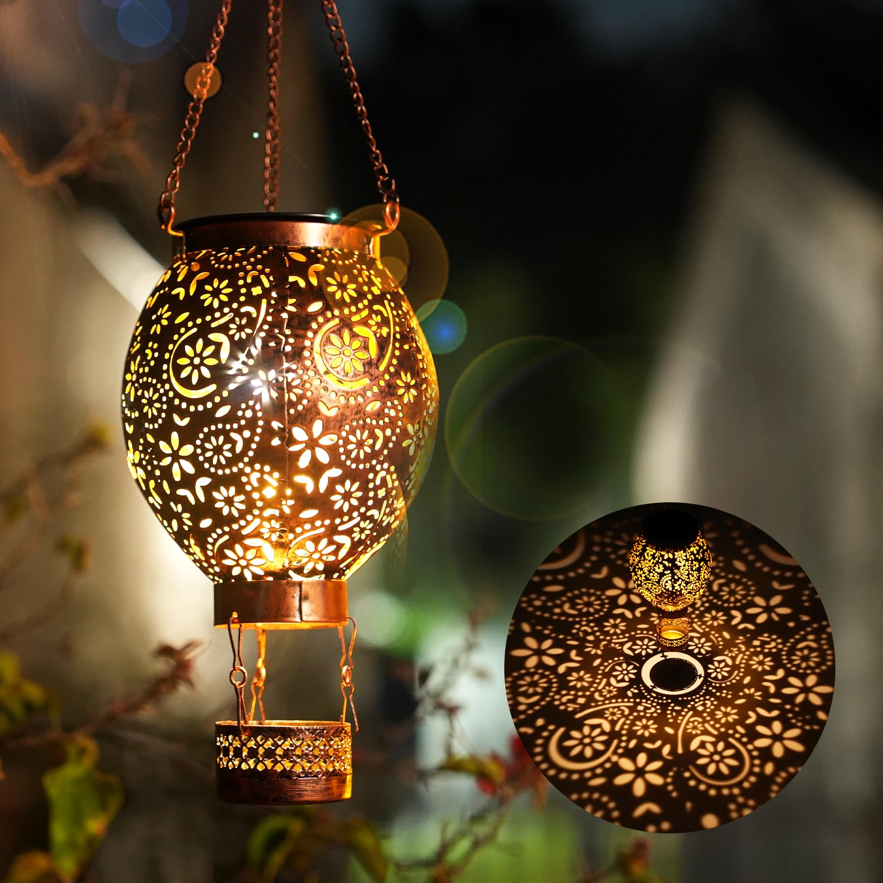 JOYCREATOR Solarlaterne für Außen Wasserdicht IP65, LED Solar Laternen für Draußen 2 Stück Metall, Orientalische Solarlampen für Außen Garten Hängend für Balkon Patio Baum Geschenke(Heißluftballon)