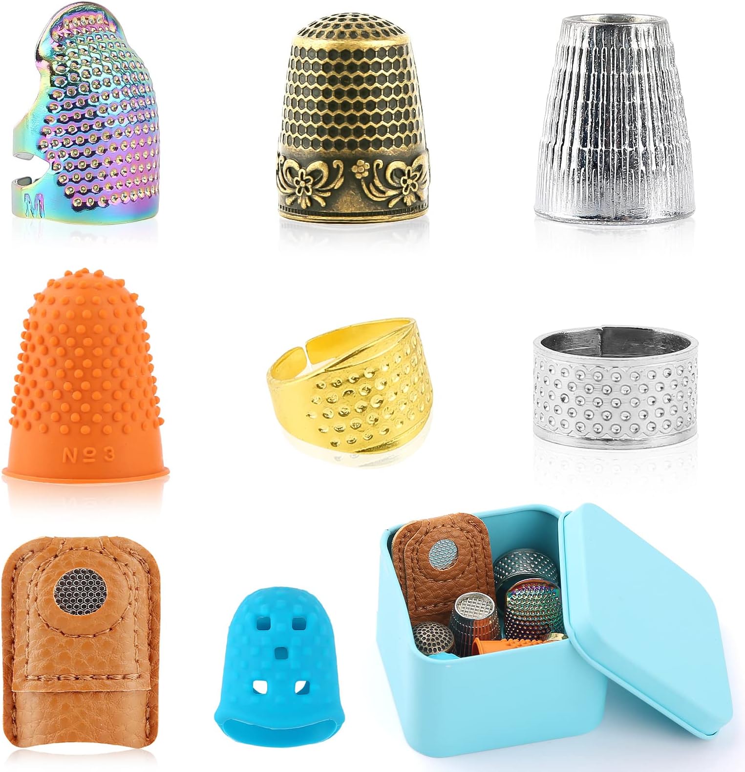 8 Pcs Sewing Thimble with Storage Box, Finger Protector, Finger Tips, Leather Thimble, Adjustable Metal Sewing, Thimble Rings, Rubber Thimble, Finger Protector Coin Thimble