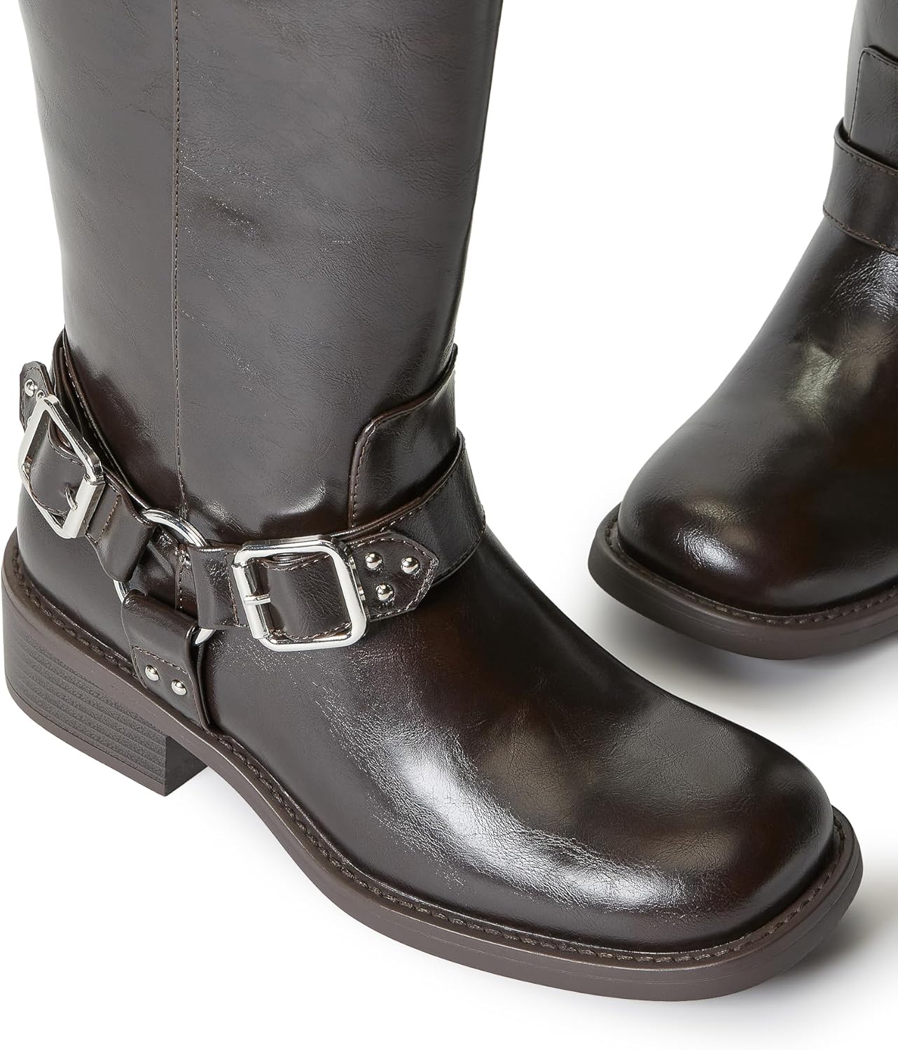 JustFab Womens Knee High Boots Faux Leather Brown Riding Boots Knee High Boots for Women Womens Low Heel Casual Boots for Women