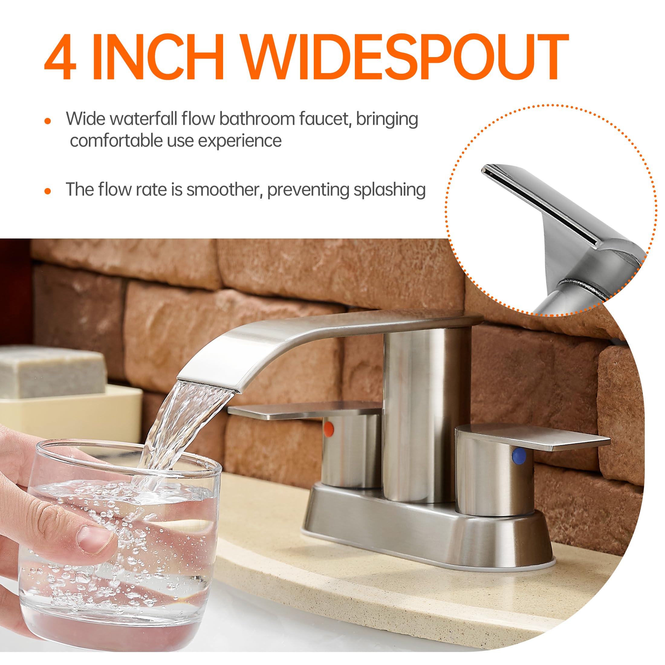 Waterfall Bathroom Sink Faucet 4 Inch Brushed Nickel Faucet Bathroom with Pop Up Drain 2 or 3 Holes — view 3