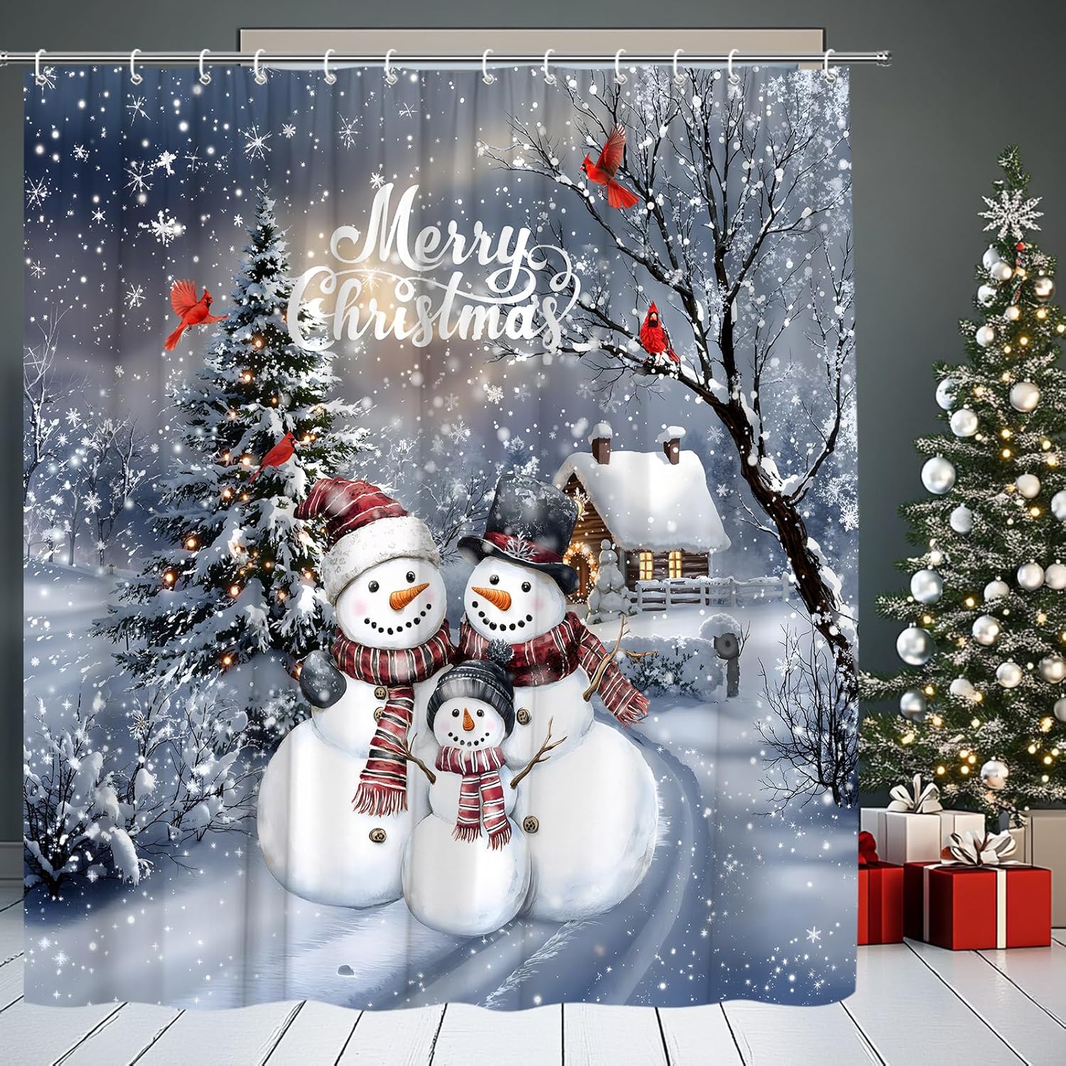 Christmas Snowman Shower Curtain Red Bird Rustic Winter Snow Tree Cute Country Vintage Fabric for Bathroom Decor Bathtub with Hooks (70" WX84 H)