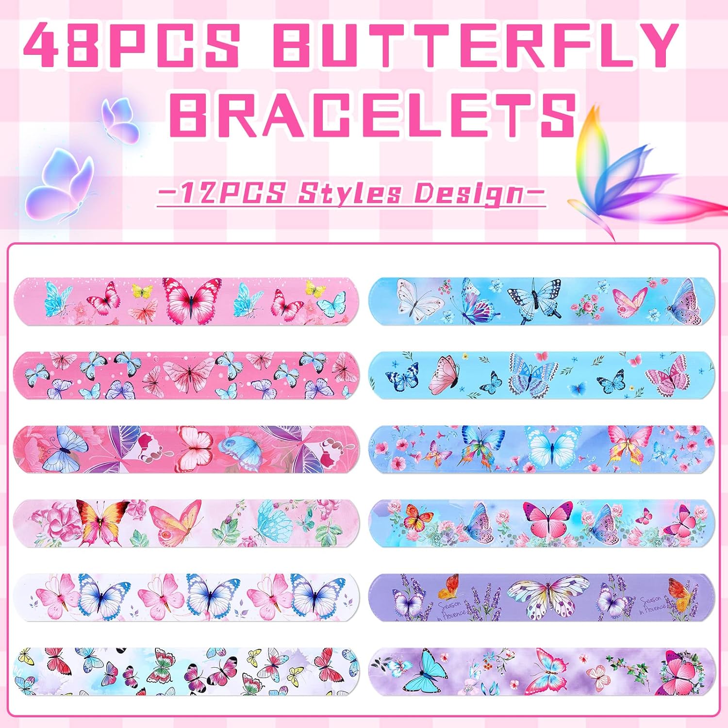 Deekin 48 Pcs Butterfly Slap Bracelets Butterfly Party Favors Bulk Snap Bracelets Gifts for Kids Wristbands Toys Soft PVC Safe Snap Bands Birthday Decorations Supplies Class Prize 12 Styles