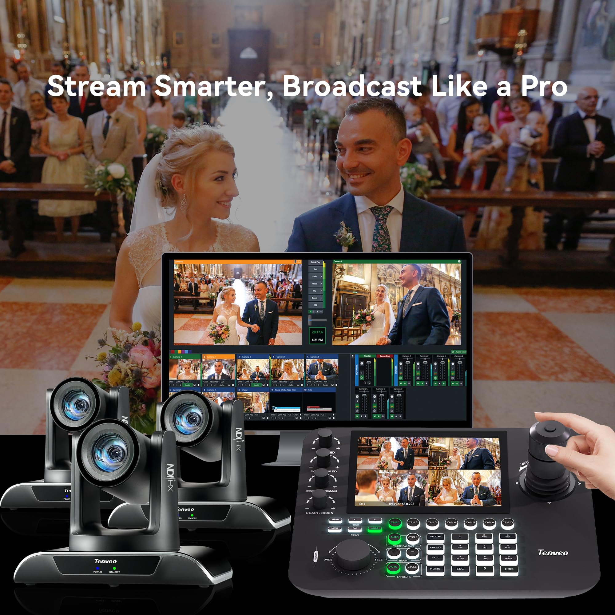 Tenveo Controller per Telecamera PTZ IP NDI con Anteprima a Schermo Quadruplo da 7", Tastiera di Controllo con Joystick 4D per Streaming in Chiesa, Eventi Live, supporta NDI PoE VISCA Pelco-D/P