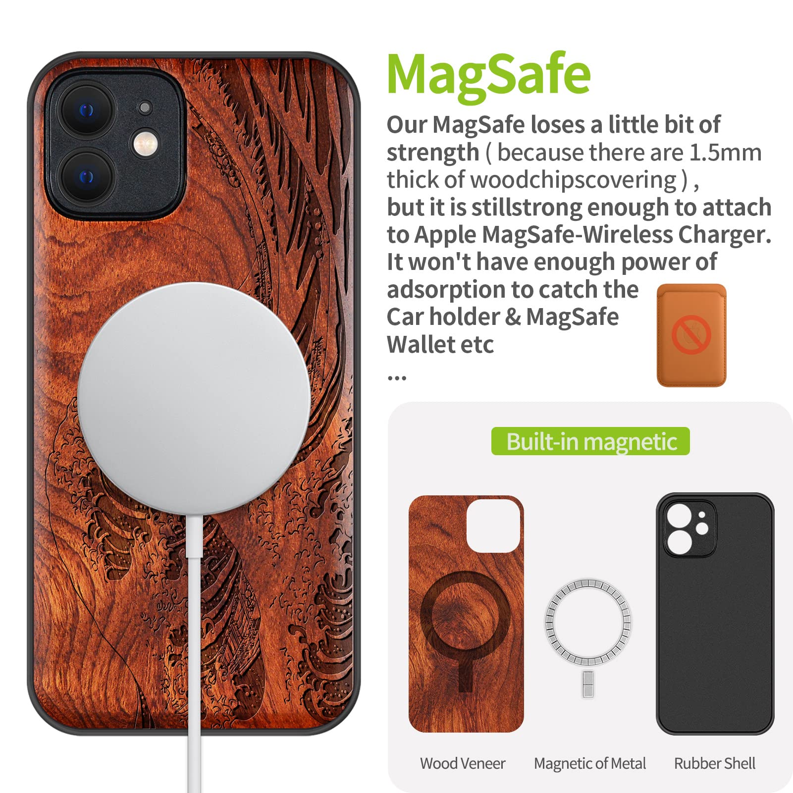 Carveit Custodia per iPhone 12 Cover avec Magnetico Case Legno Unique [Rosea] Ricarica Compatibile MagSafe con 12 Custodia Paraurti Robusto TPU (Aquila Arte