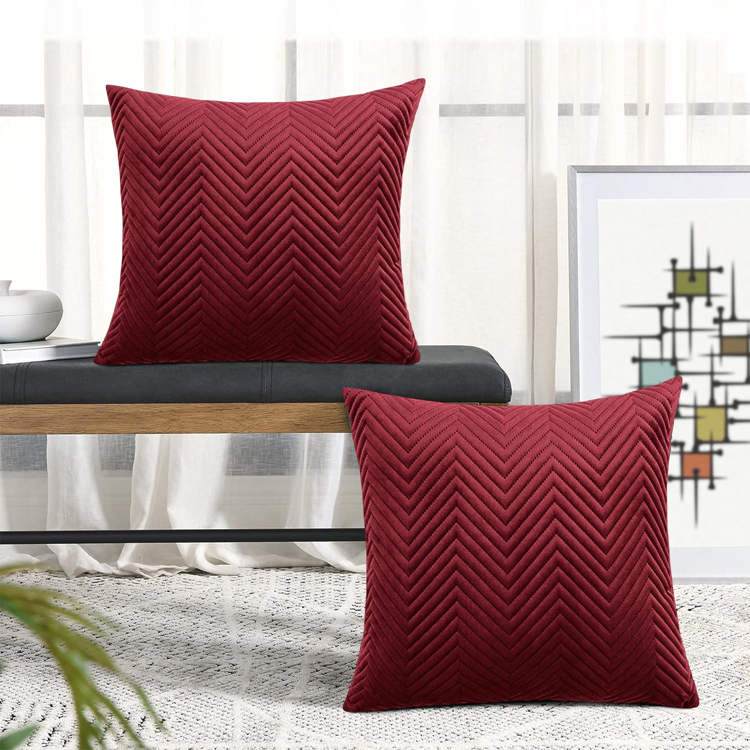 BedLooms Premium Burgundy Velvet Cushion Covers Set of 2 (45x45 cm / 18x18 Inch), Soft Ultrasonic Stitch, Hidden Zipper - Image 3