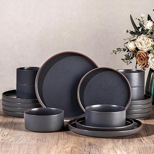 LERATIO Ceramic Dinnerware Sets for 6, High Edge Stoneware Plates and Bowls Set, Chip and Crack Resistant | Oven & Dishwasher & Microwave Safe Dishes Set, Service for 6 -Ashen