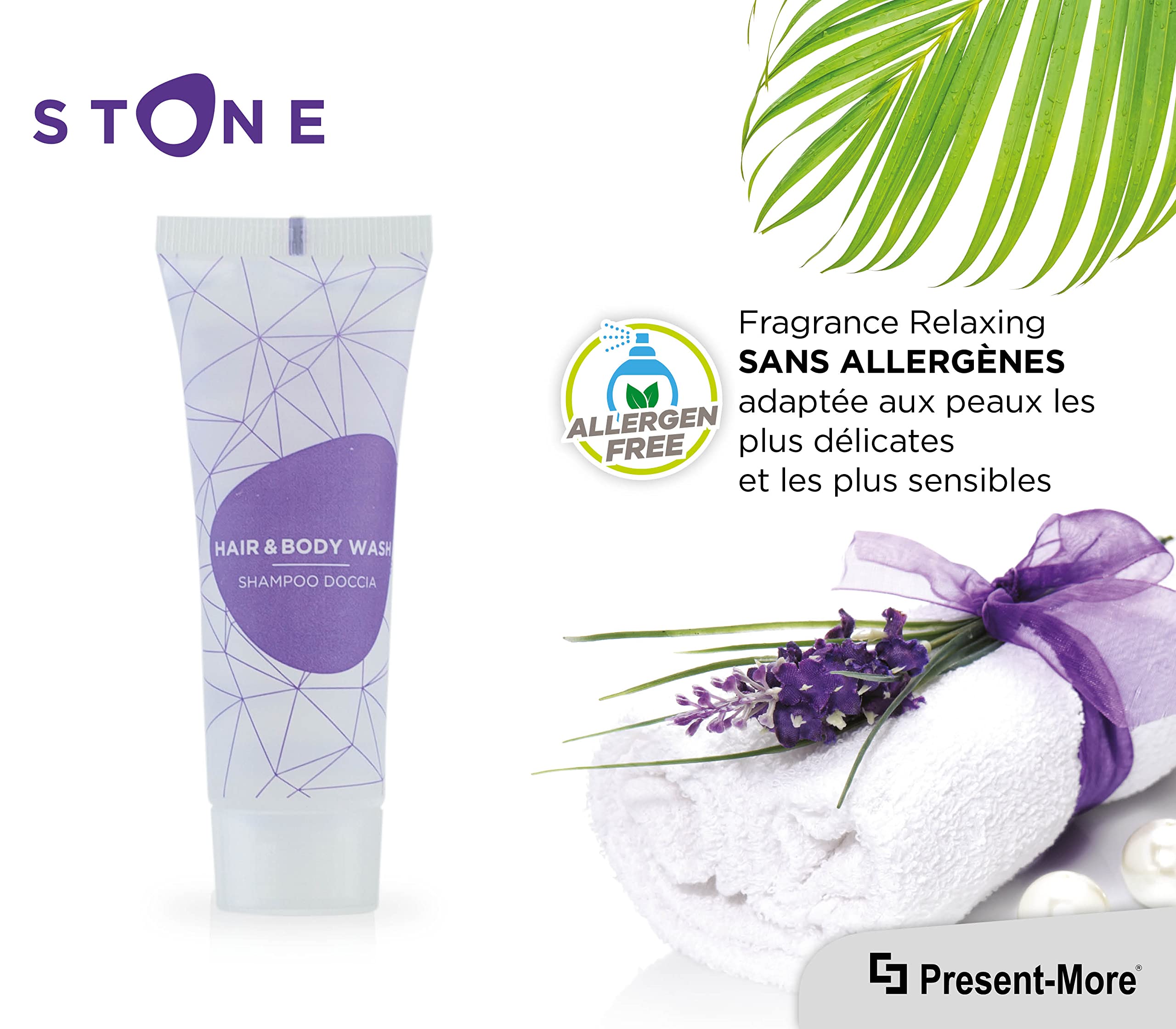 PRESENT-MORE - Shampooing Douche Monodose 30ml Stone - Paquet de 125 Pièces - Shampooing Douche Sans Allergènes - Parfum Relaxing - Idéal pour Hôtels et B&B