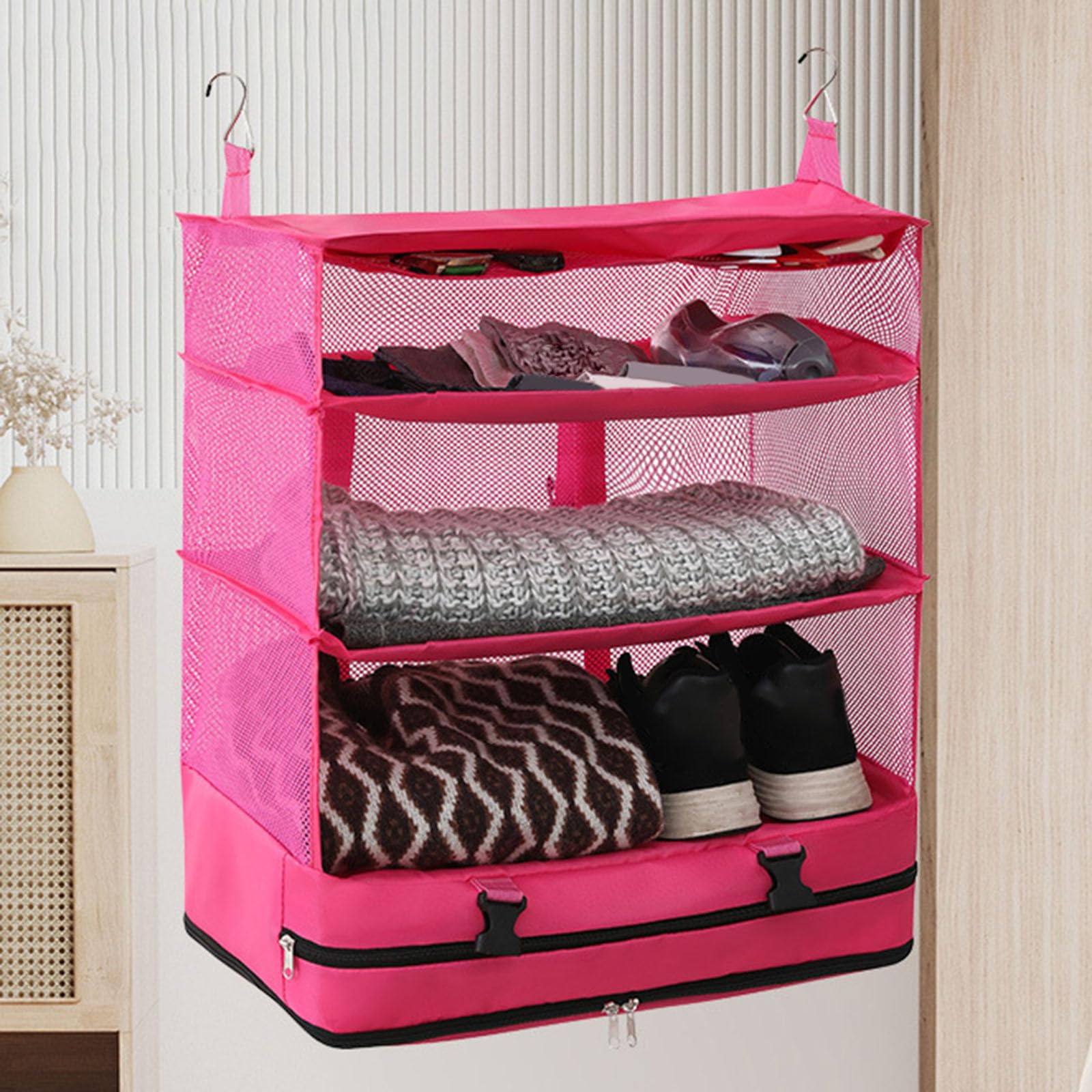 Hängendes Regal Garderobe Organizer Faltbares Hängendes Regal Gepäckorganisator Kleiderschrank Aufbewahrungsorganisator Schrank mit 3 Fächern für Schlafsaal, Schlafzimmer, Wohnzimmer, Rosa