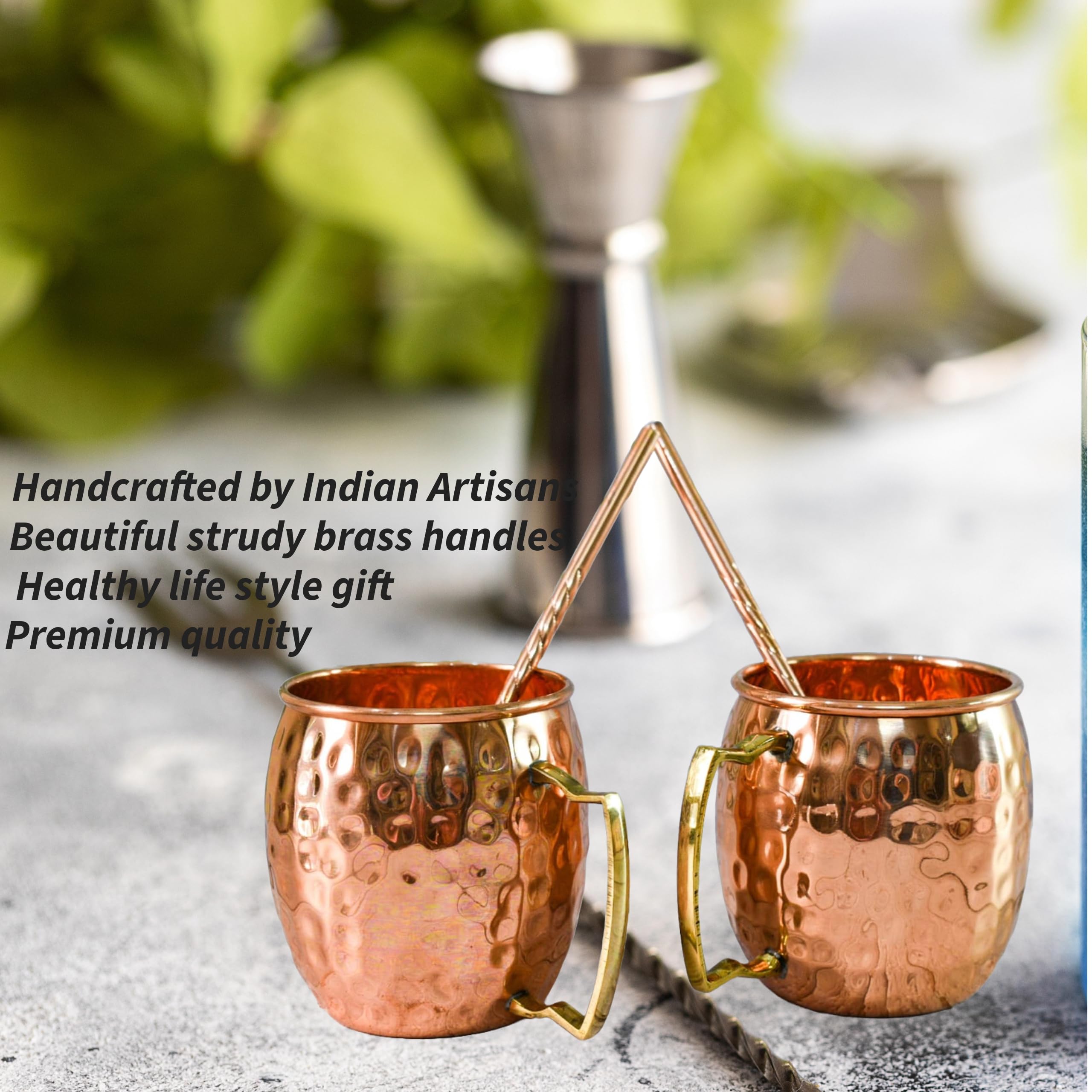 India House - Moscow Mule 16 oz Cup Set, Set of 2 Hammered Mug - Brass Handle (2 Coaster, 2 Straw Free), 4 x 3.5 inch - Image 2