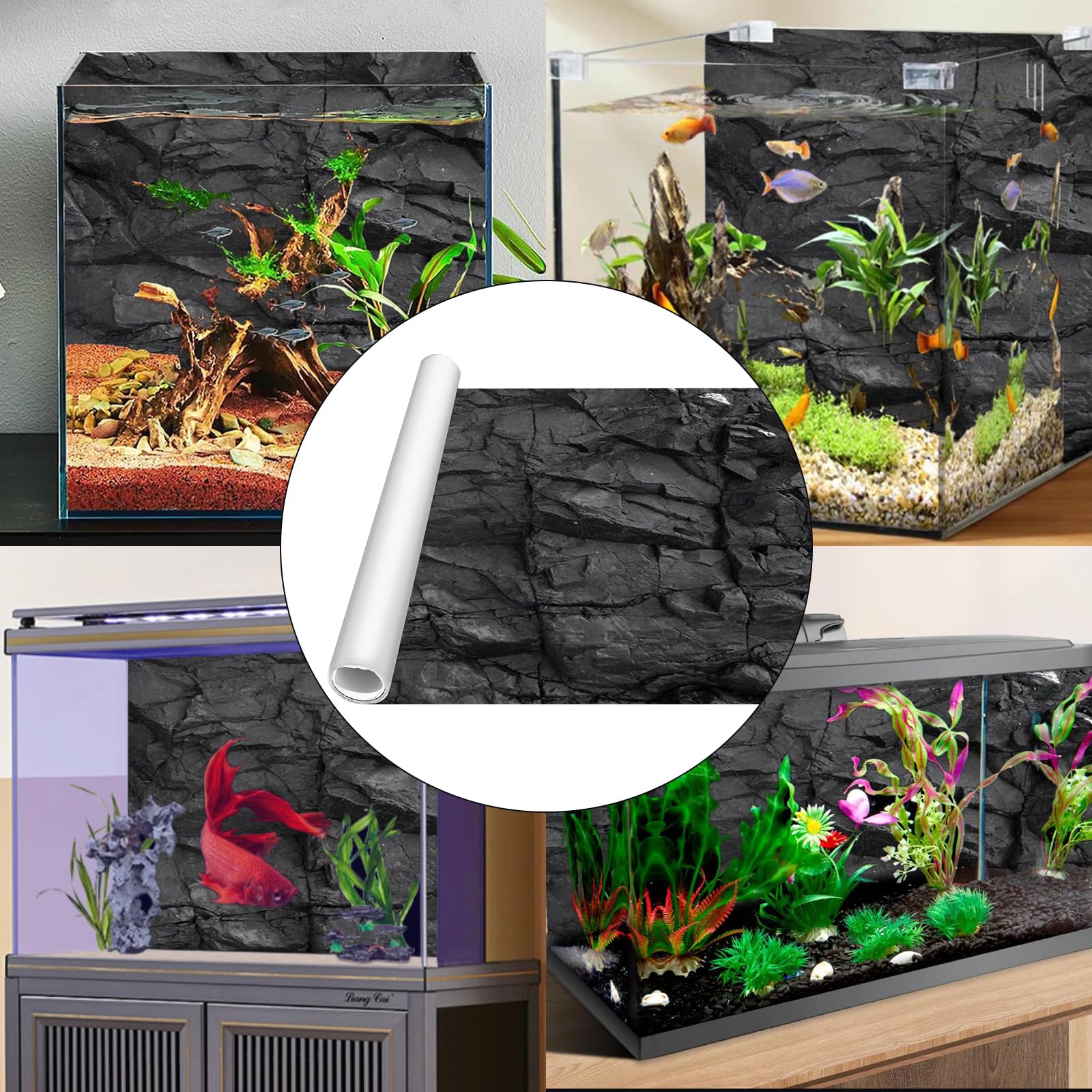 Gohytal Poster per acquario, 120 x 40 cm, statico in PVC, per acquario, sfondo statico, pietra nera, generico, per acquario, parete posteriore, terrario