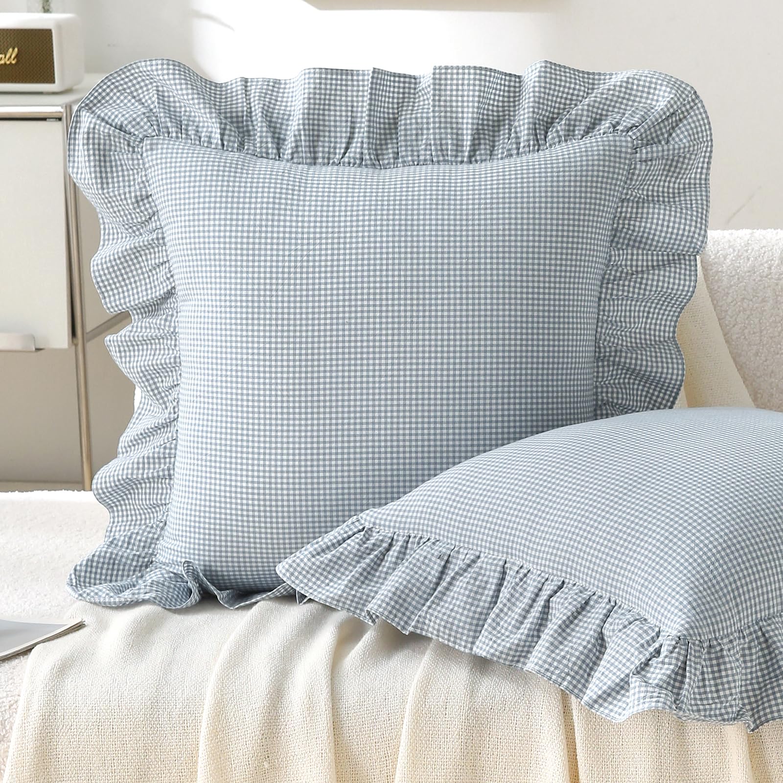 Aryeleay 2 Pack Blue White Plaid Gingham Ruffle Pillow Shams, 100% Washed Cotton Checkered Farmhouse Pillow Covers for Bed/Sofa-18 x18 — image 1