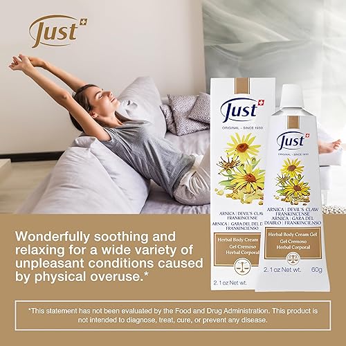 Miniatura 4 de Swiss Just Arnica Gel, Gel cremoso de árnica, 2.12 oz. Crema de árnica con garra de diablo y aceite de incienso. Una crema de masaje suave en